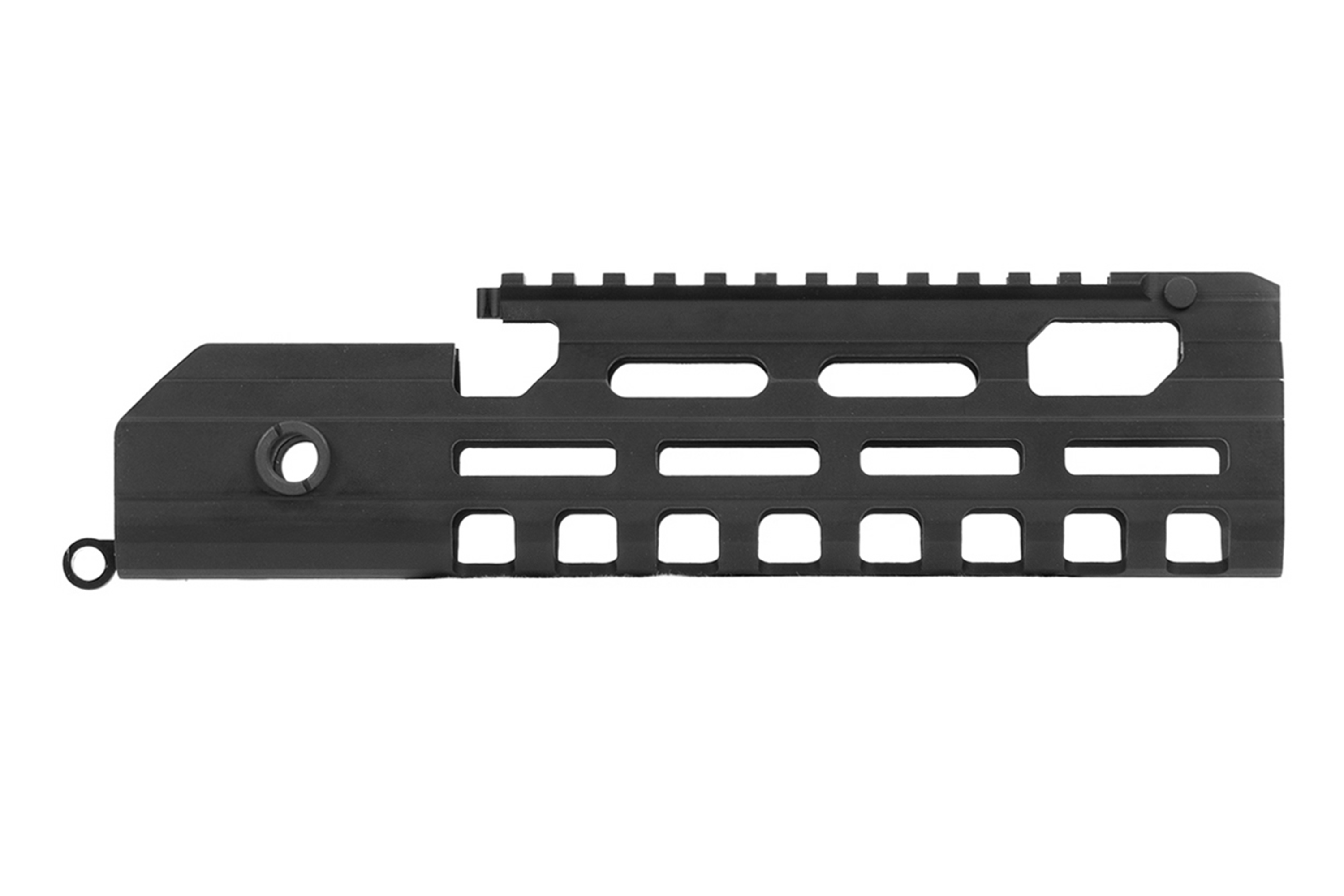 Handschutz aus schwarzem Metall für Luftgewehre, mit Picatinny-Schiene oben und seitlichen M-LOK-Schlitzen zur Zubehörmontage.