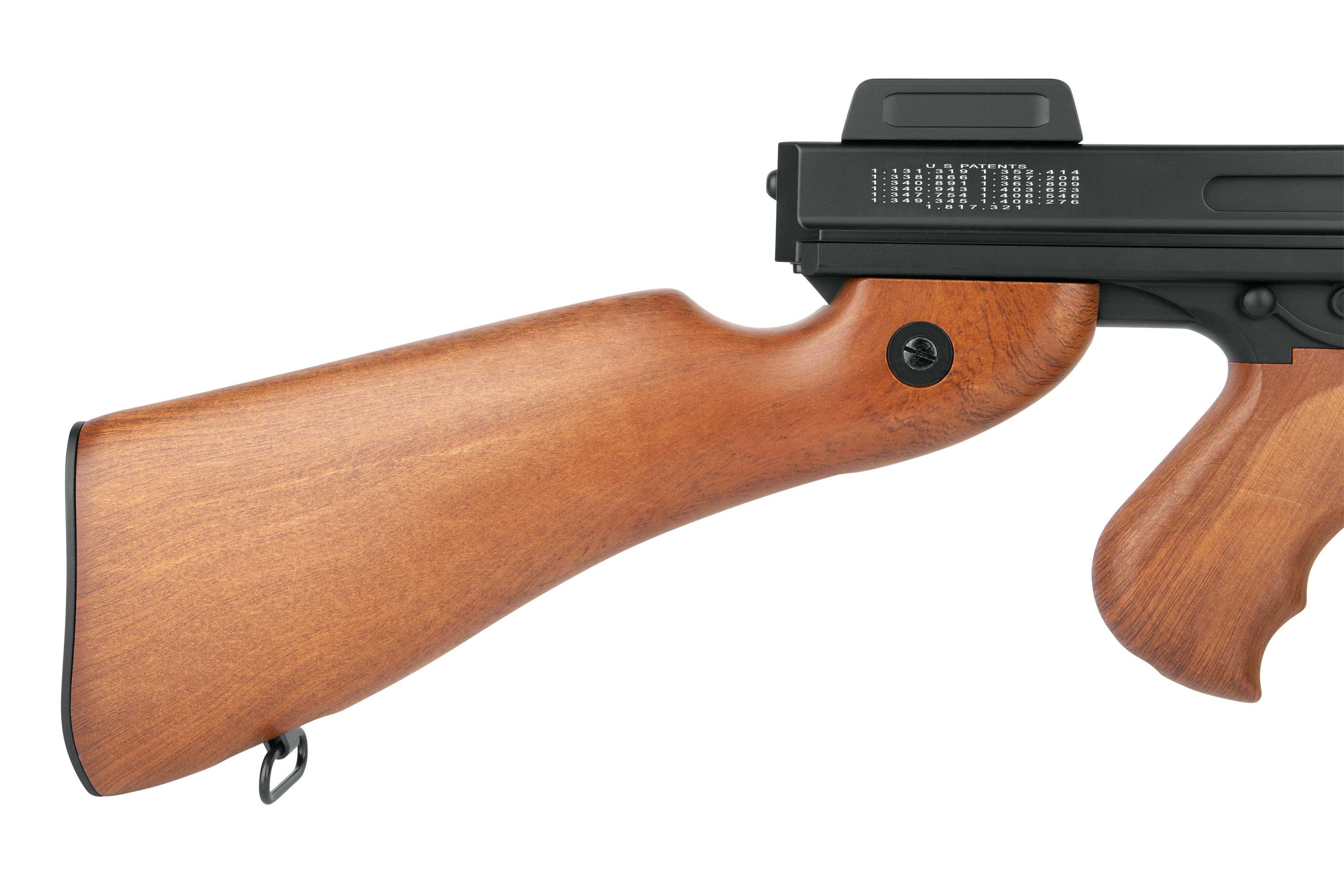 Nahaufnahme eines Thompson-Luftgewehrs mit klassischem Holzschaft, schwarzer Metallhülse und sichtbaren Patentnummern.