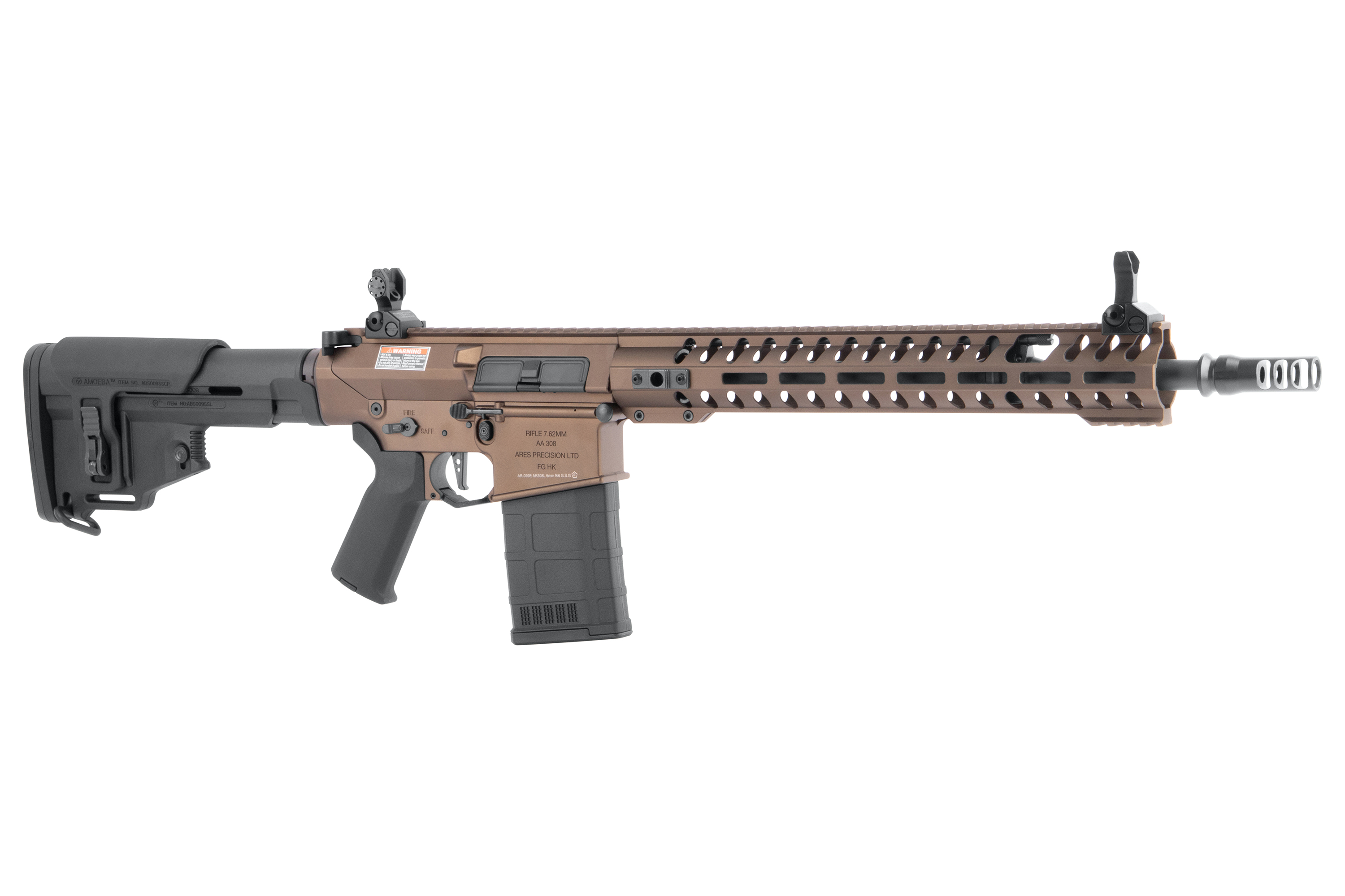 Ares Precision AA 308 Luftgewehr in Bronze mit schwarzem verstellbarem Schaft, modularem Handschutz und taktischer Mündungsbremse.