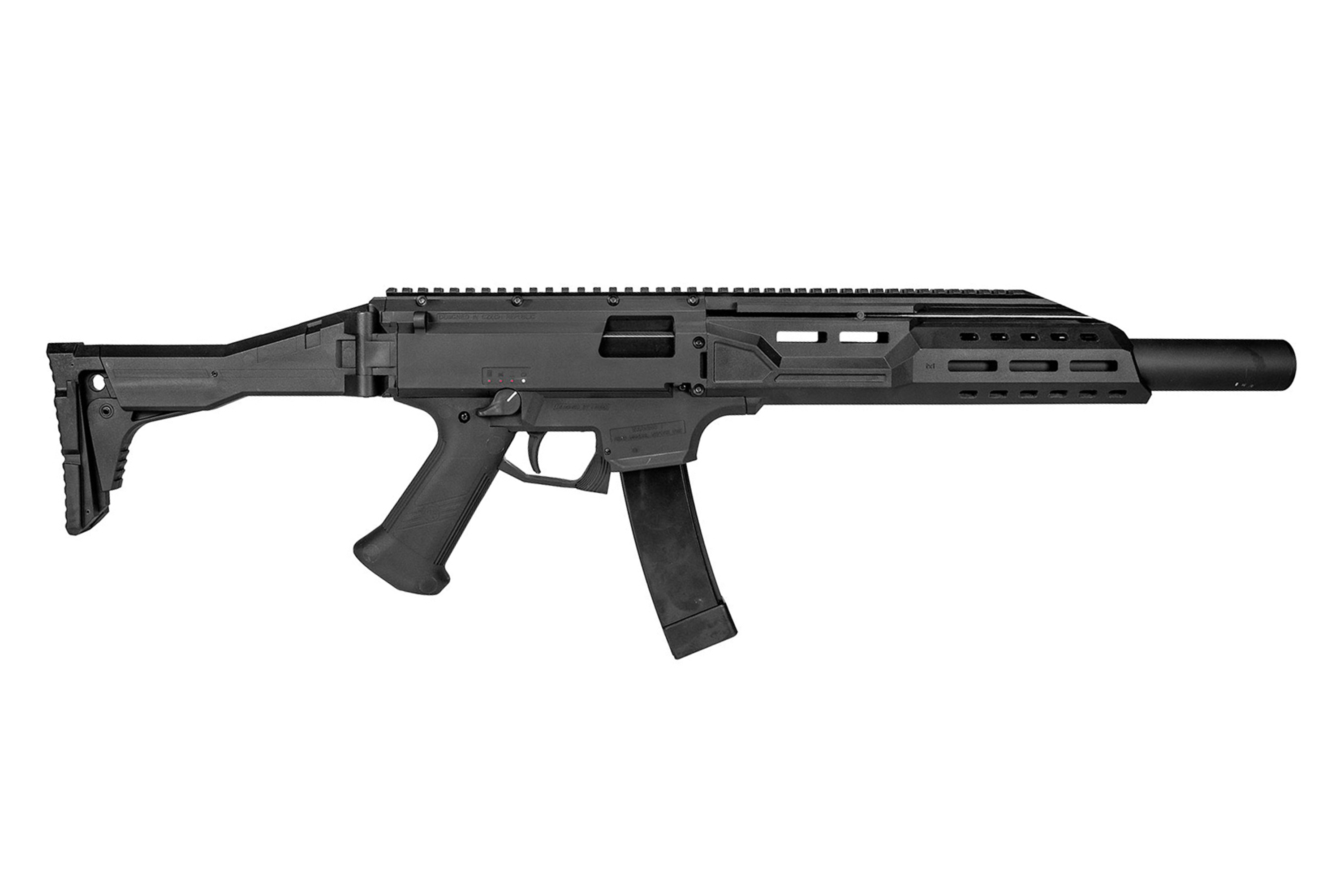 Schwarzer Airsoft-Karabiner CZ Scorpion EVO 3 A1 mit Klappschaft, taktischem Schienensystem und Magazin auf weißem Hintergrund.