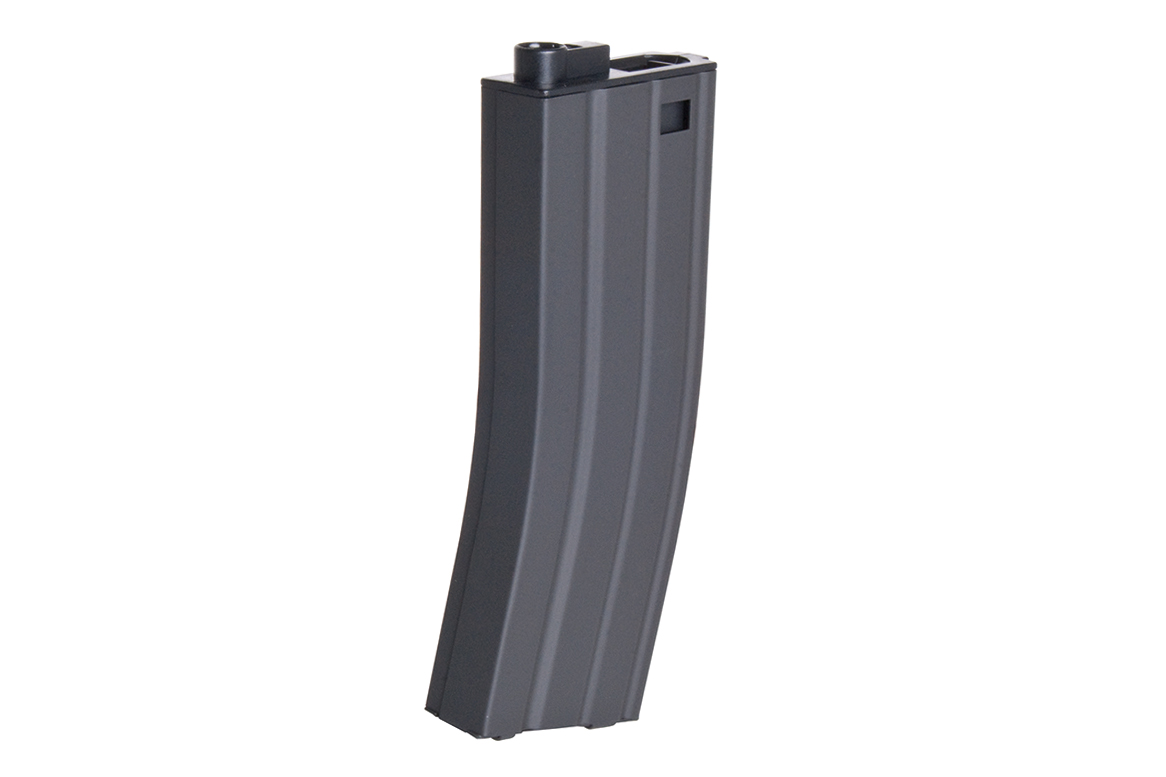 Schwarzes gebogenes Metallmagazin für Luftgewehre mit robustem Design für zuverlässige Munitionszufuhr und Leistung.