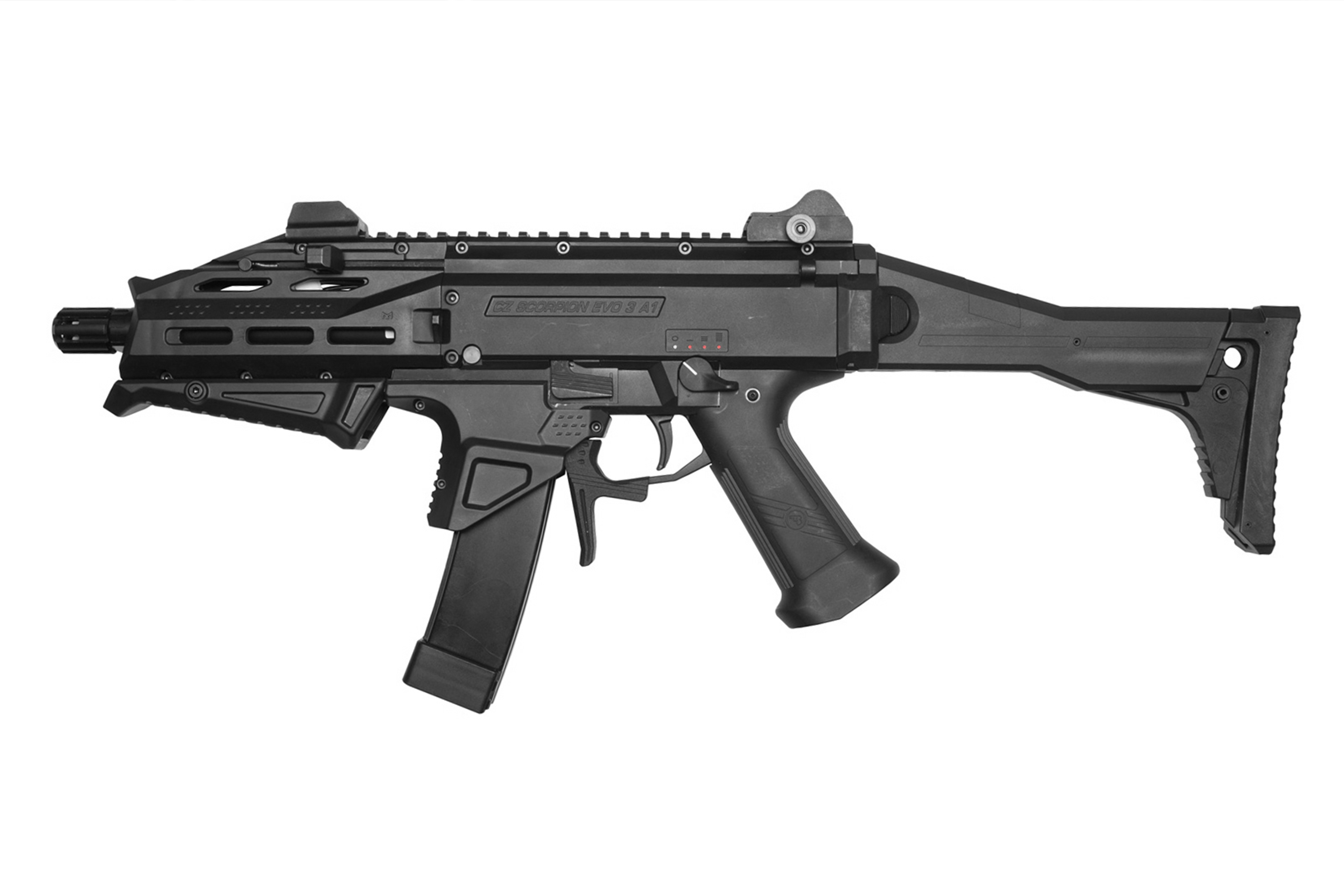 Schwarze CZ Scorpion EVO 3 A1 Airsoft-Maschinenpistole mit Klappschaft, taktischer Schiene und Magazin auf weißem Hintergrund.