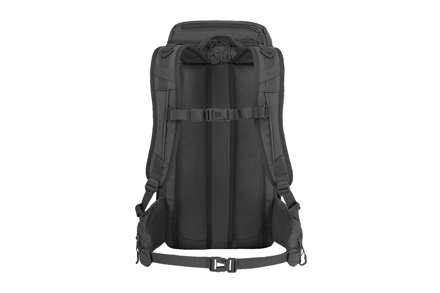 Rückansicht eines schwarzen taktischen Rucksacks mit gepolsterten Schultergurten, einer Brustschnalle und einem Hüftgurt zur Unterstützung.