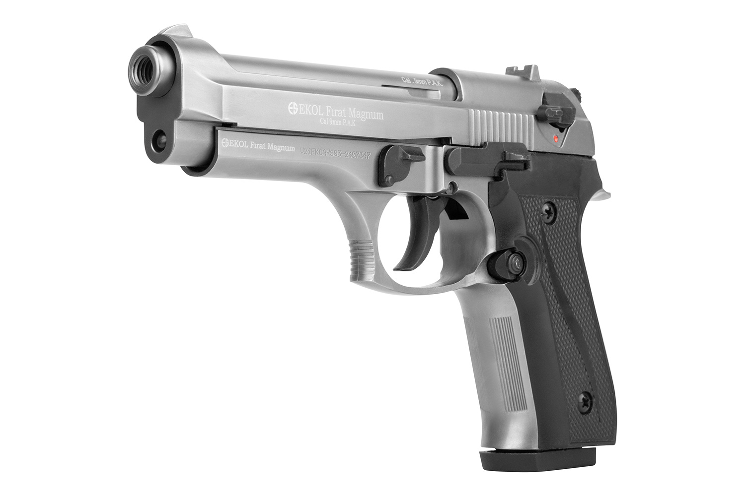 EKOL Firat Magnum Luftpistole in Silber und Schwarz mit strukturiertem Griff und verstellbarer Visierung.