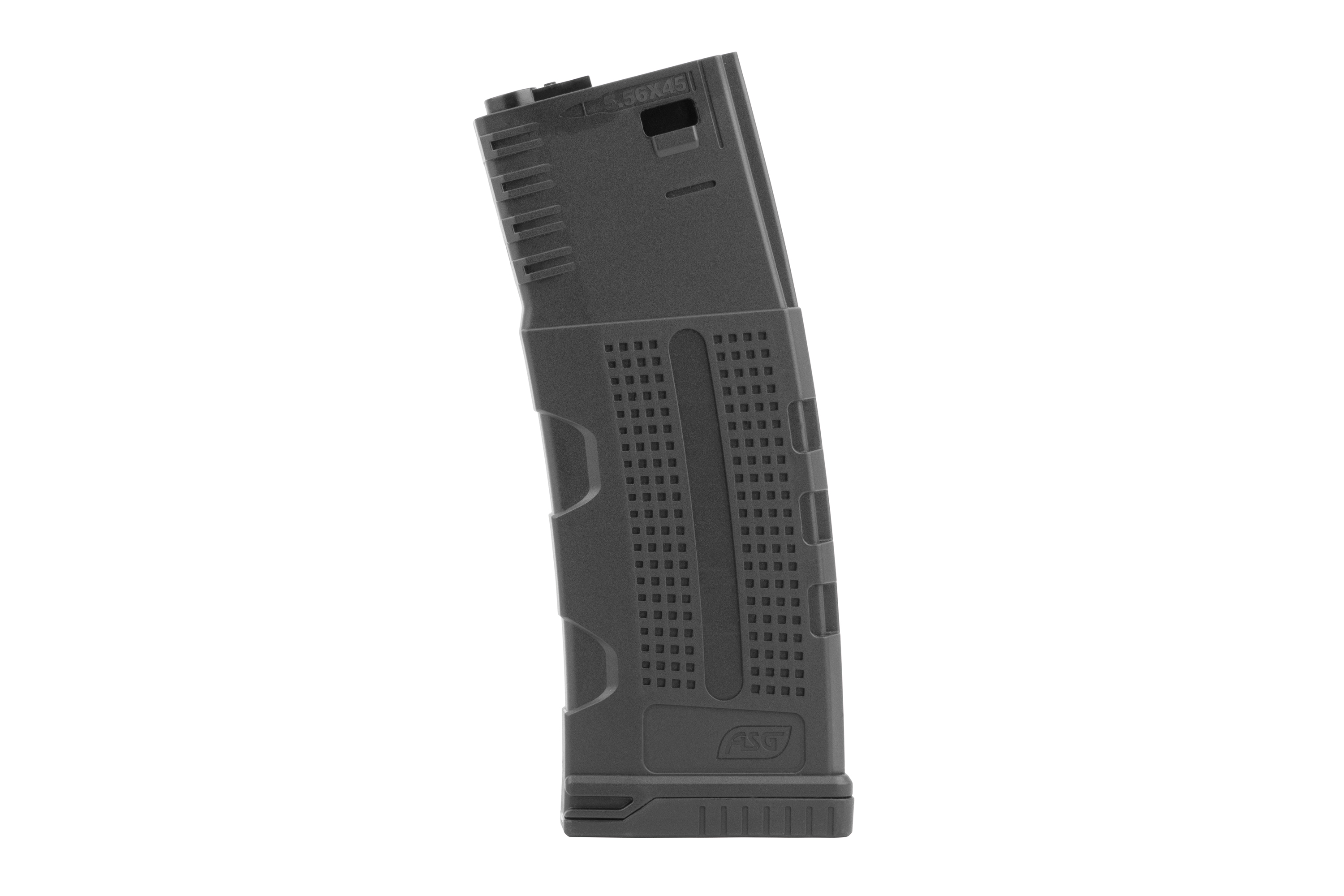 Schwarzes ASG-Polymermagazin für Airsoft-Gewehre mit strukturierter Griffoberfläche und Markierungsdetails für das Kaliber 5,56 x 45.