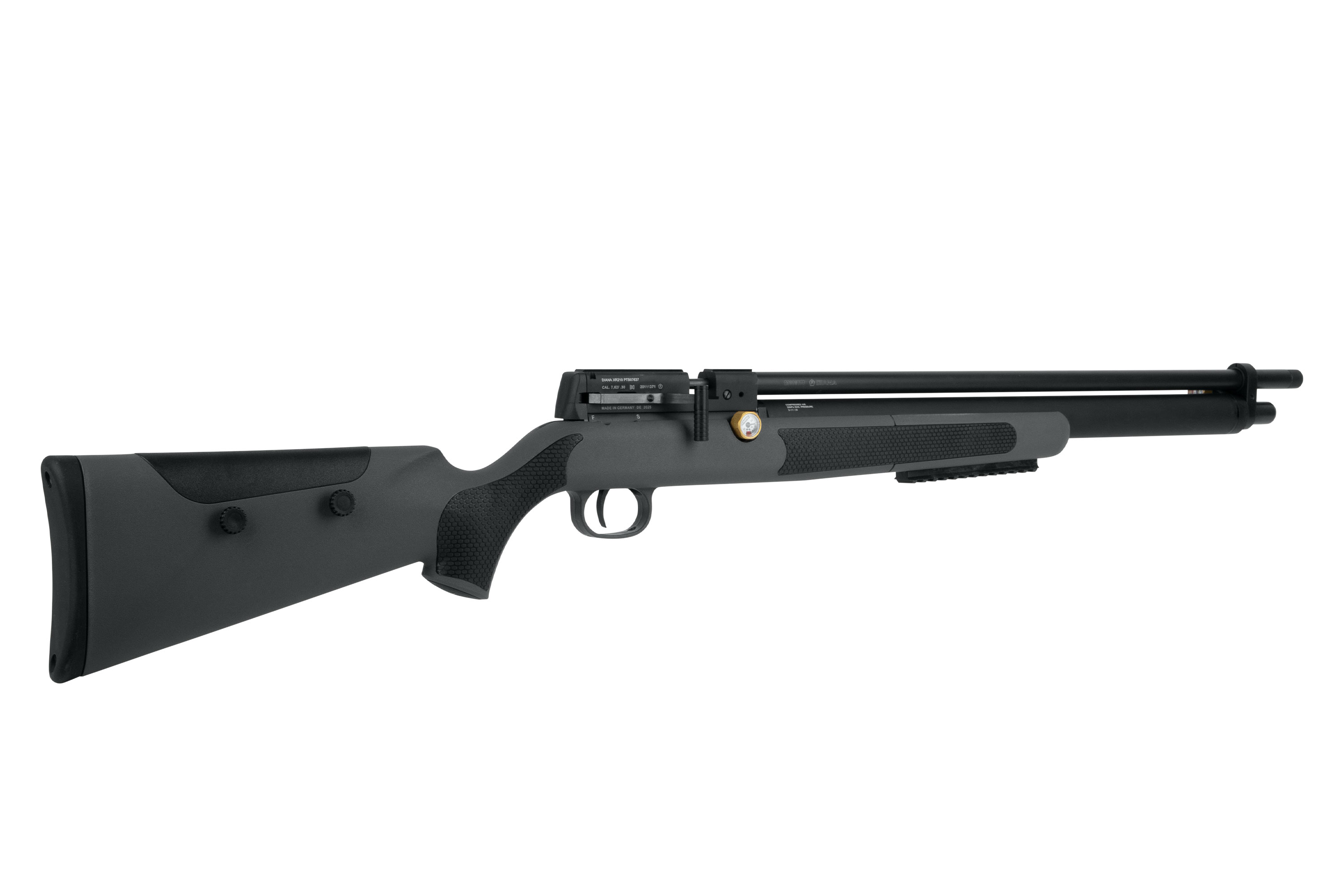 Schwarzes Luftgewehr mit ergonomischem Schaft, verstellbaren Funktionen und integrierter Optikschiene für präzises Schießen.