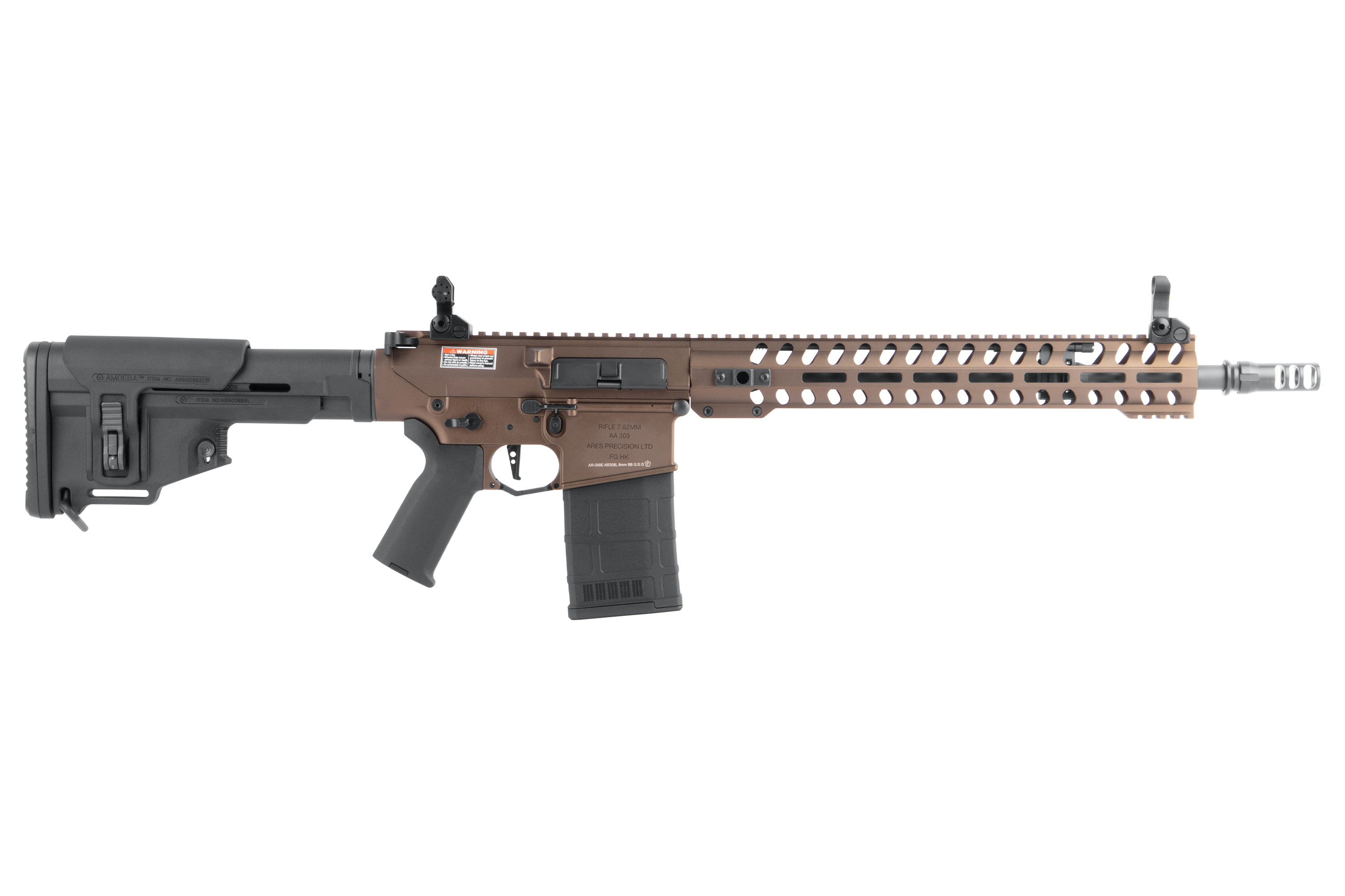 Ares Amoeba Striker Airsoft-Gewehr in Bronze und Schwarz mit modularem Handschutz, verstellbarem Schaft und Eisenvisier.