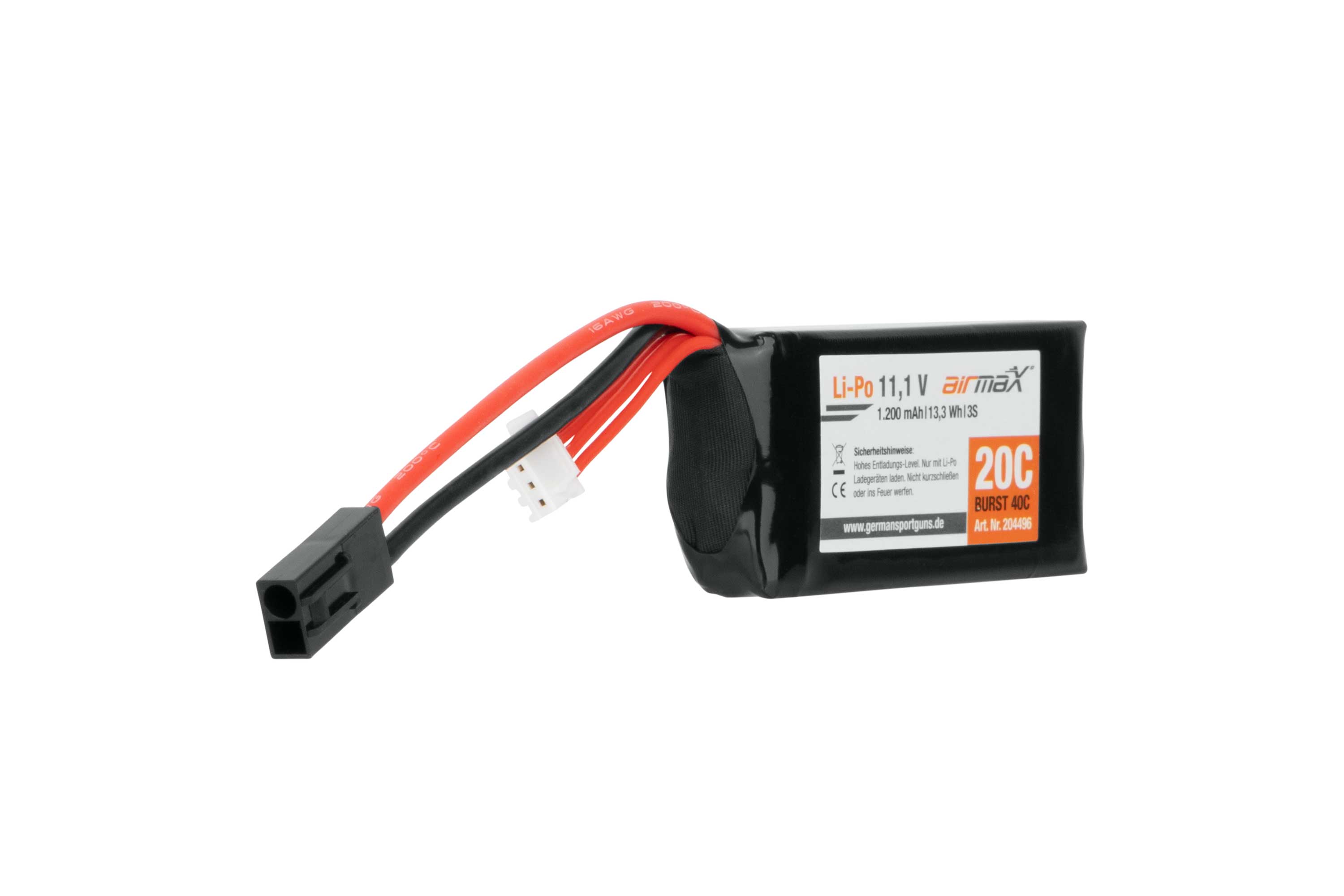 Airmax 11,1 V 1200 mAh Li-Po-Akku für Airsoft-Waffen mit 20 °C Entladerate und schwarzem rechteckigem Gehäusedesign.