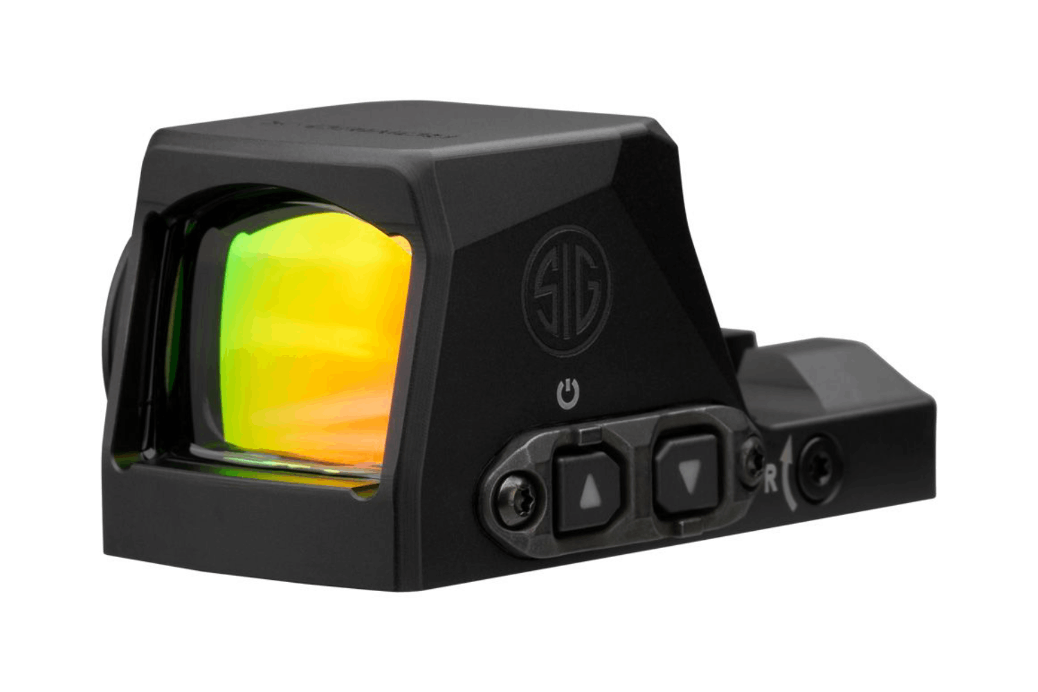 Schwarzes Sig Sauer-Reflexvisier mit reflektierender gelb-oranger Linse, seitlichen Bedienknöpfen und dem Sig Sauer-Logo.