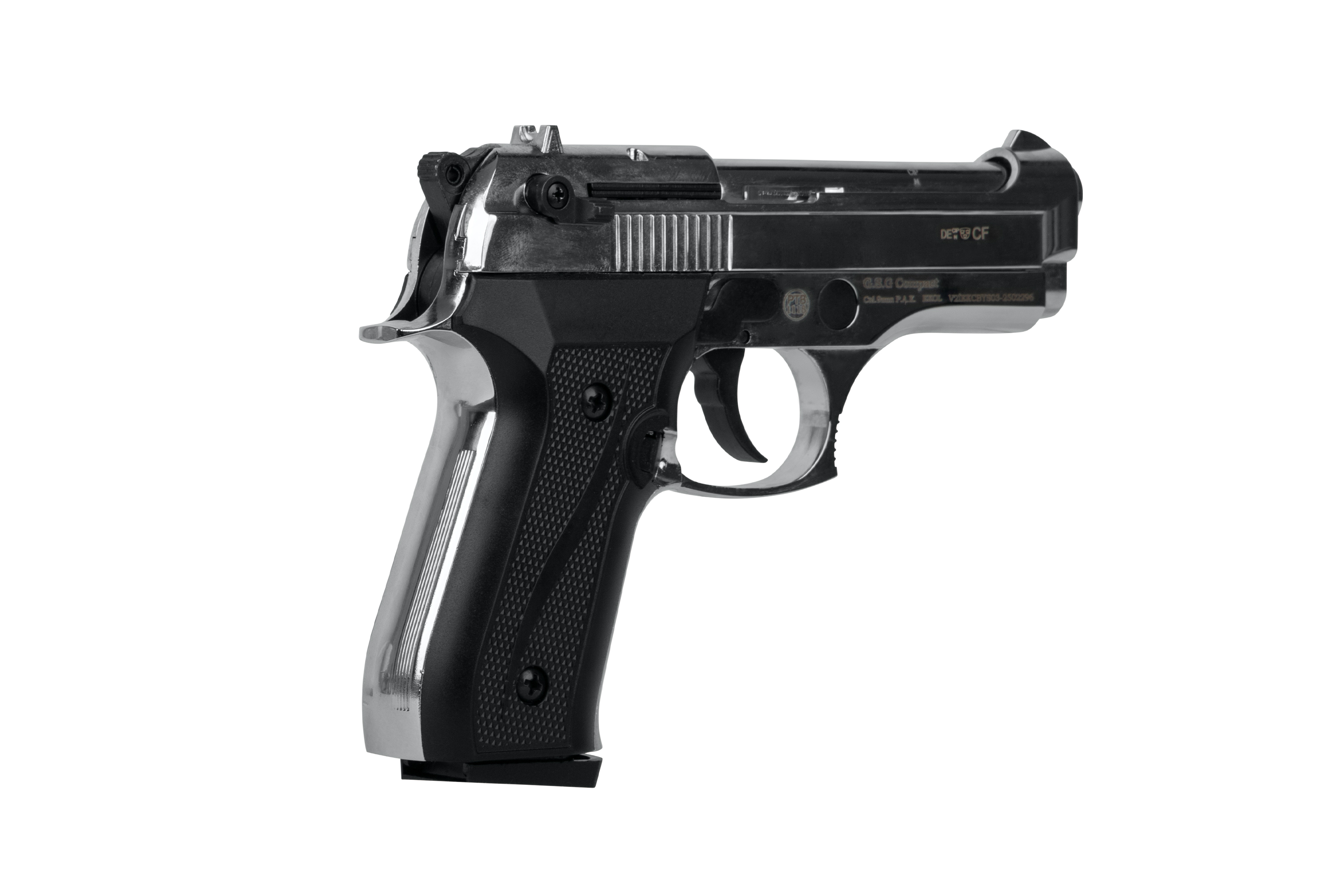 GSG Kompakte Luftpistole mit elegantem schwarzem Finish und Chromakzenten, ideal für Zielschießen und Training.