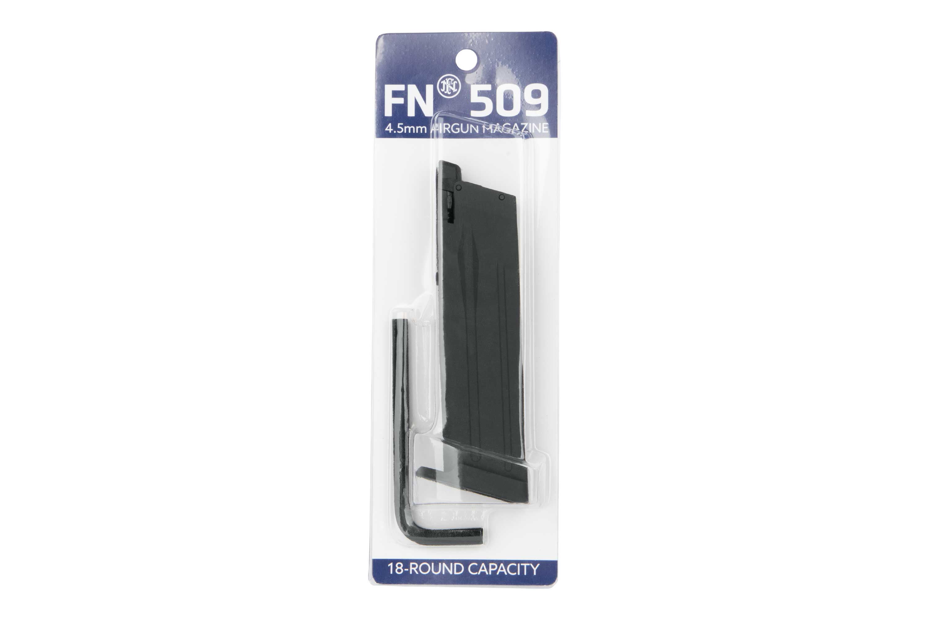 FN 509 Luftgewehrmagazin, Kaliber 4,5 mm, 18 Schuss Kapazität, schwarze Oberfläche, inklusive Ladewerkzeug.