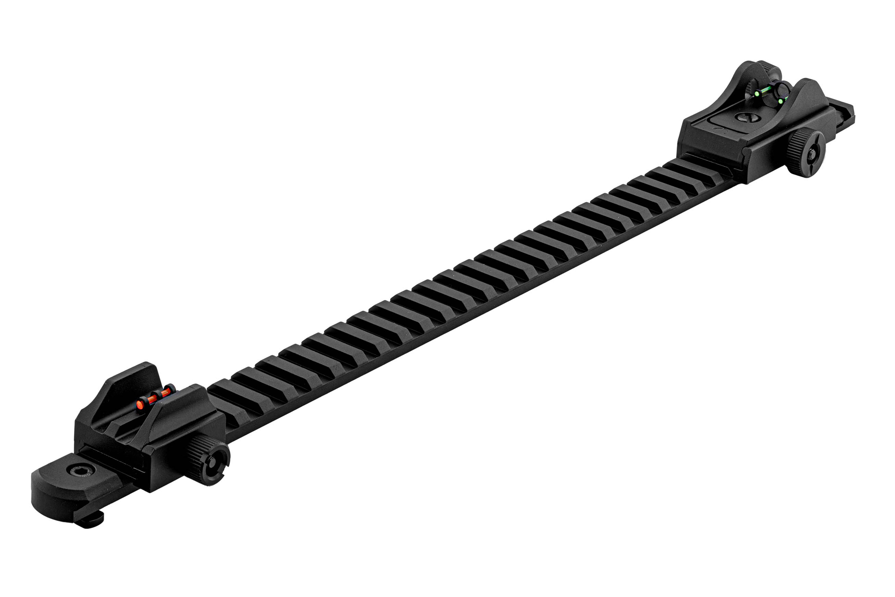 Schwarze Picatinny-Schienenhalterung aus Metall mit integriertem, verstellbarem Glasfaser-Visier für Luftgewehre.