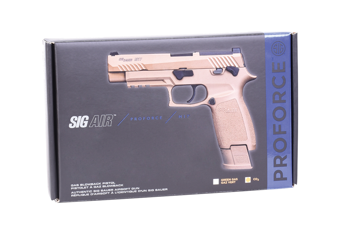 Schwarze Verpackungsbox für die SIG AIR ProForce M17 Gas-Blowback-Airsoft-Pistole mit Produkt-Branding und Details.