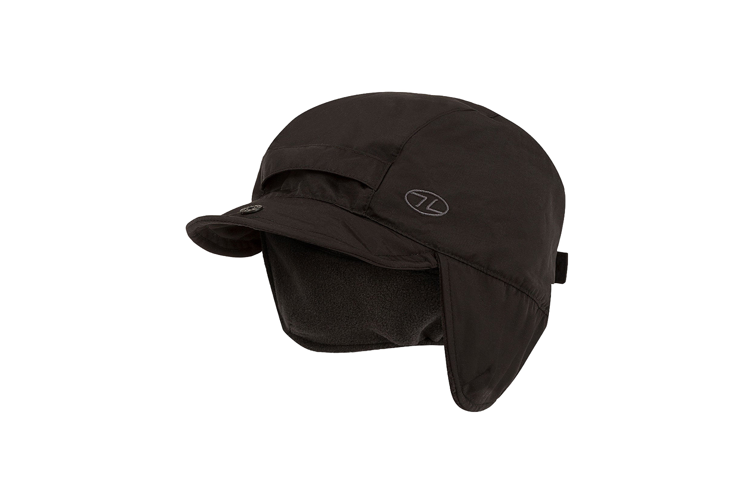 Schwarze Winter-Jagdmütze mit Ohrenklappen und Fleecefutter, kleiner Krempe und dezentem Logo an der Seite.