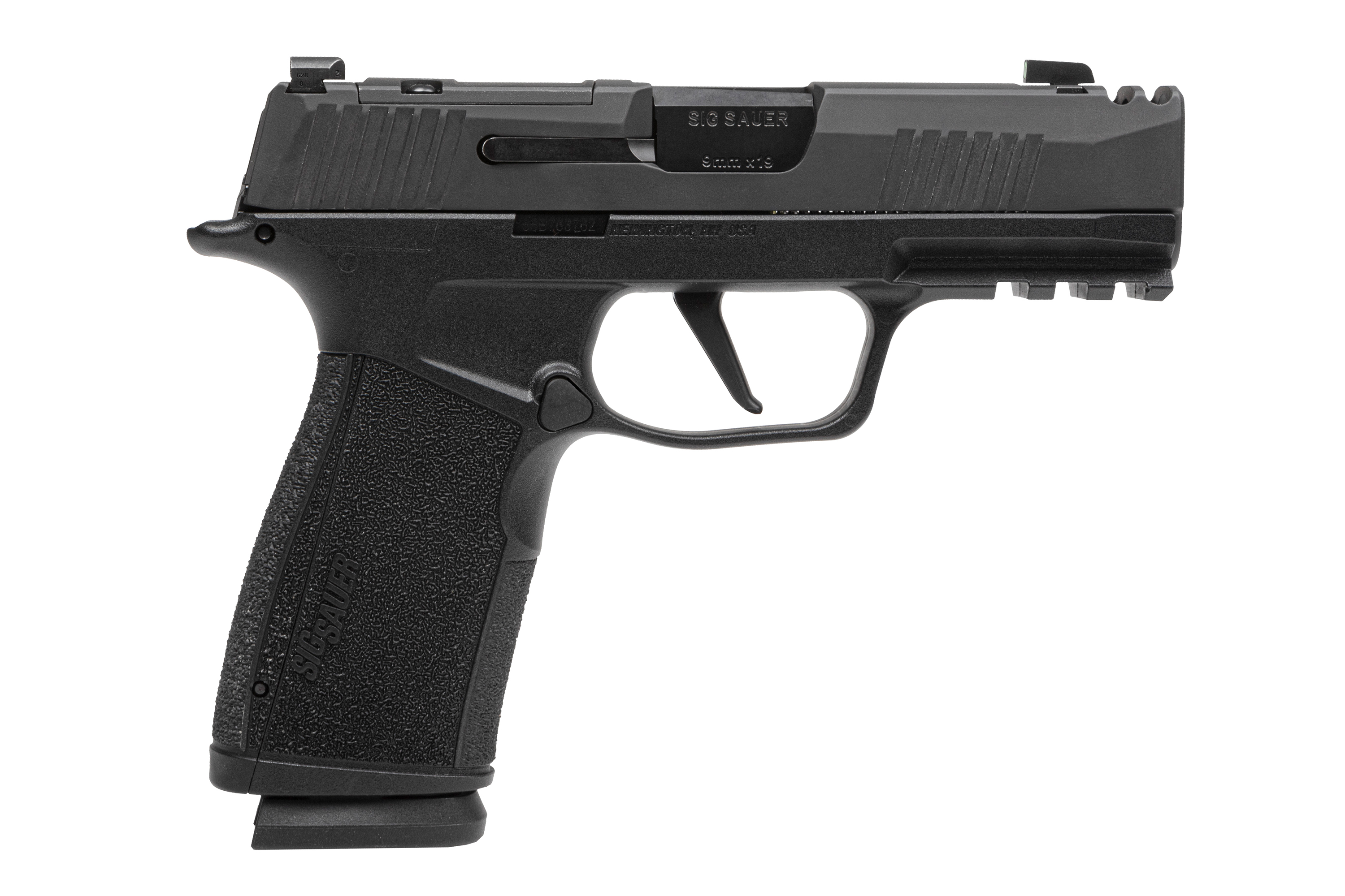 SIG Sauer P365 Luftpistole in Schwarz mit strukturiertem Griff und integrierter Schiene für Zubehör.