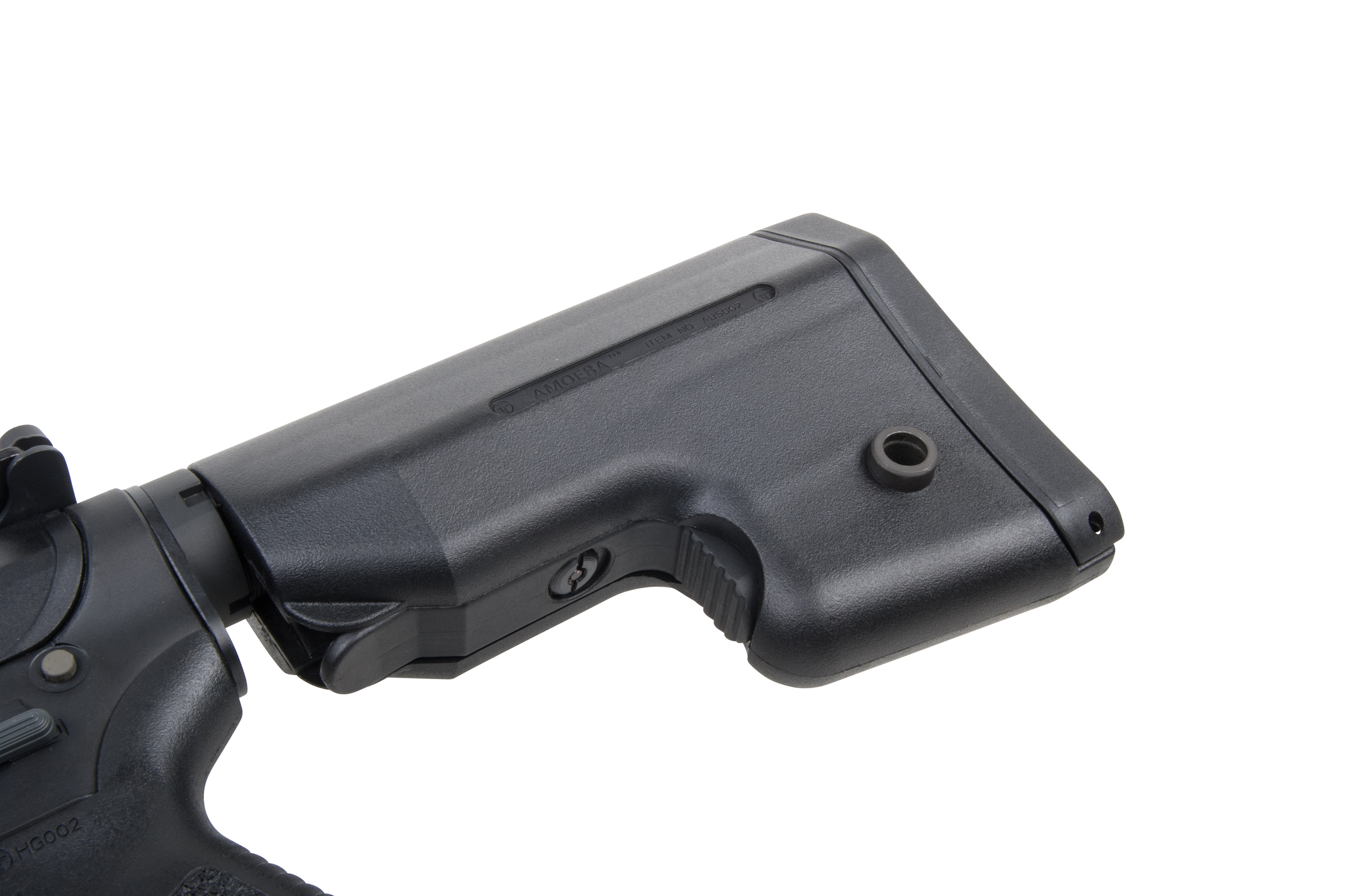 Verstellbarer schwarzer Amoeba-Polymerschaft für Airsoft-Gewehre mit langlebigem Design für verbesserte Schussstabilität.