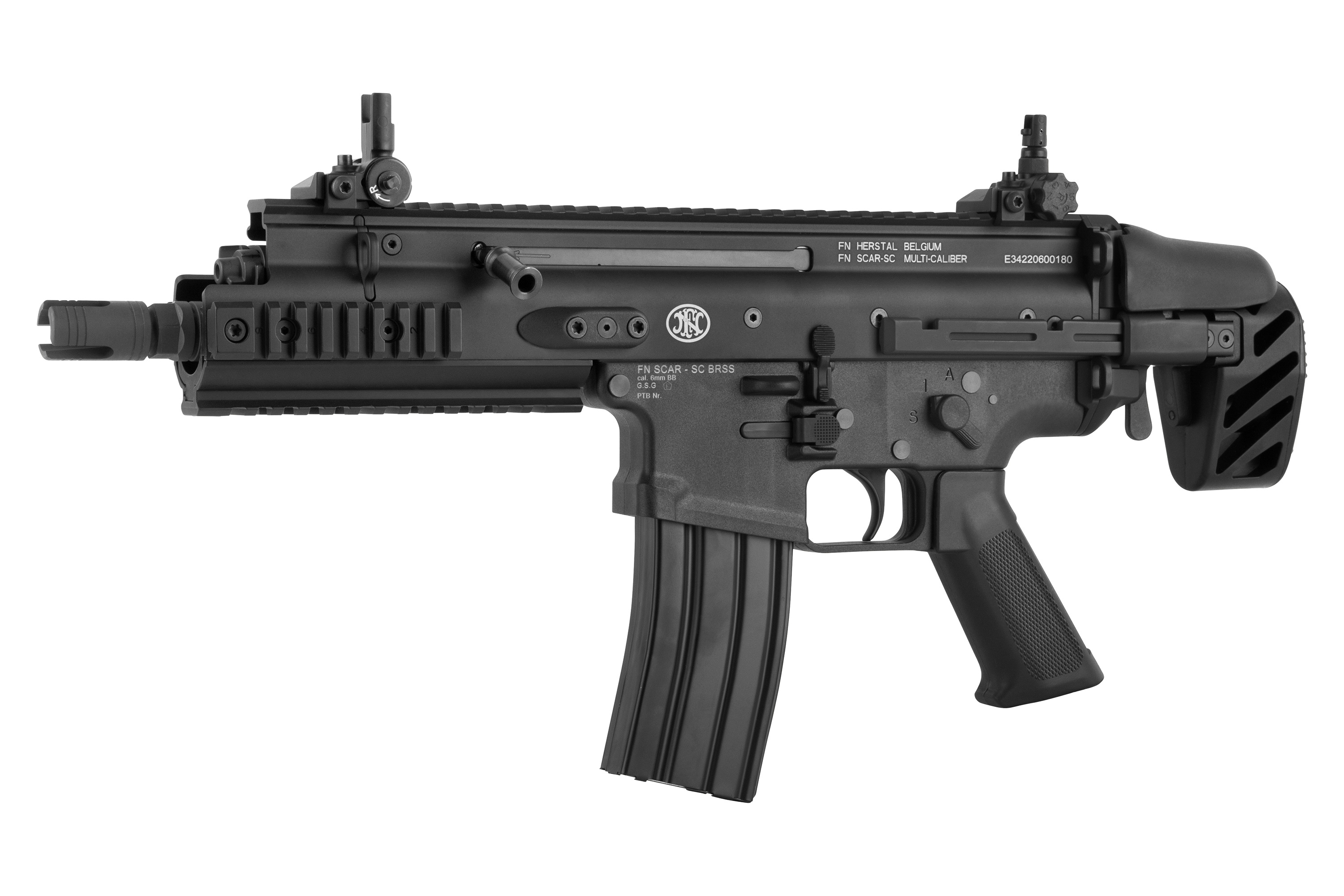 Schwarzes Airsoft-Gewehr FN Herstal SCAR-SC BRSS mit 6-mm-BB-Kaliber, taktischem Design und verstellbarem Schaft.