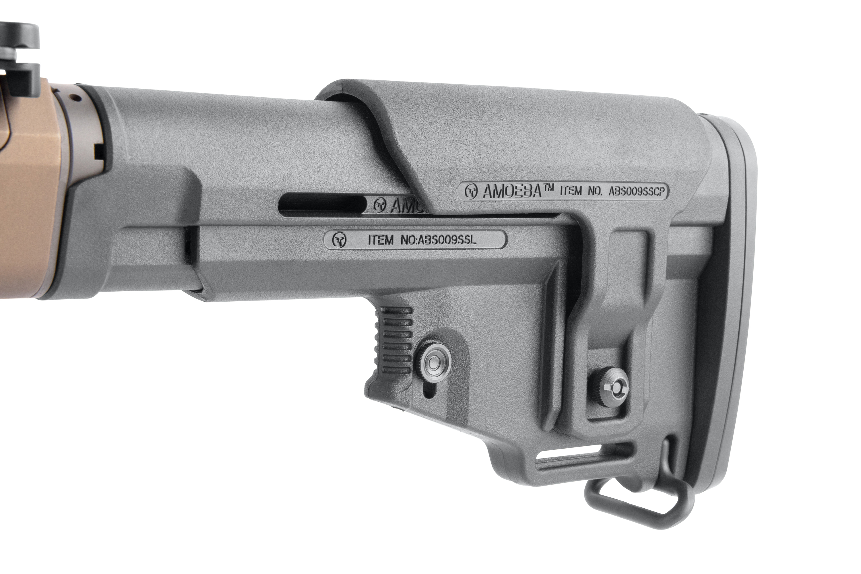 Ares Amoeba verstellbarer Polymerschaft in Dunkelgrau mit den Artikelnummern ABS009SSCP und ABS009SSL für Airsoft-Gewehre.