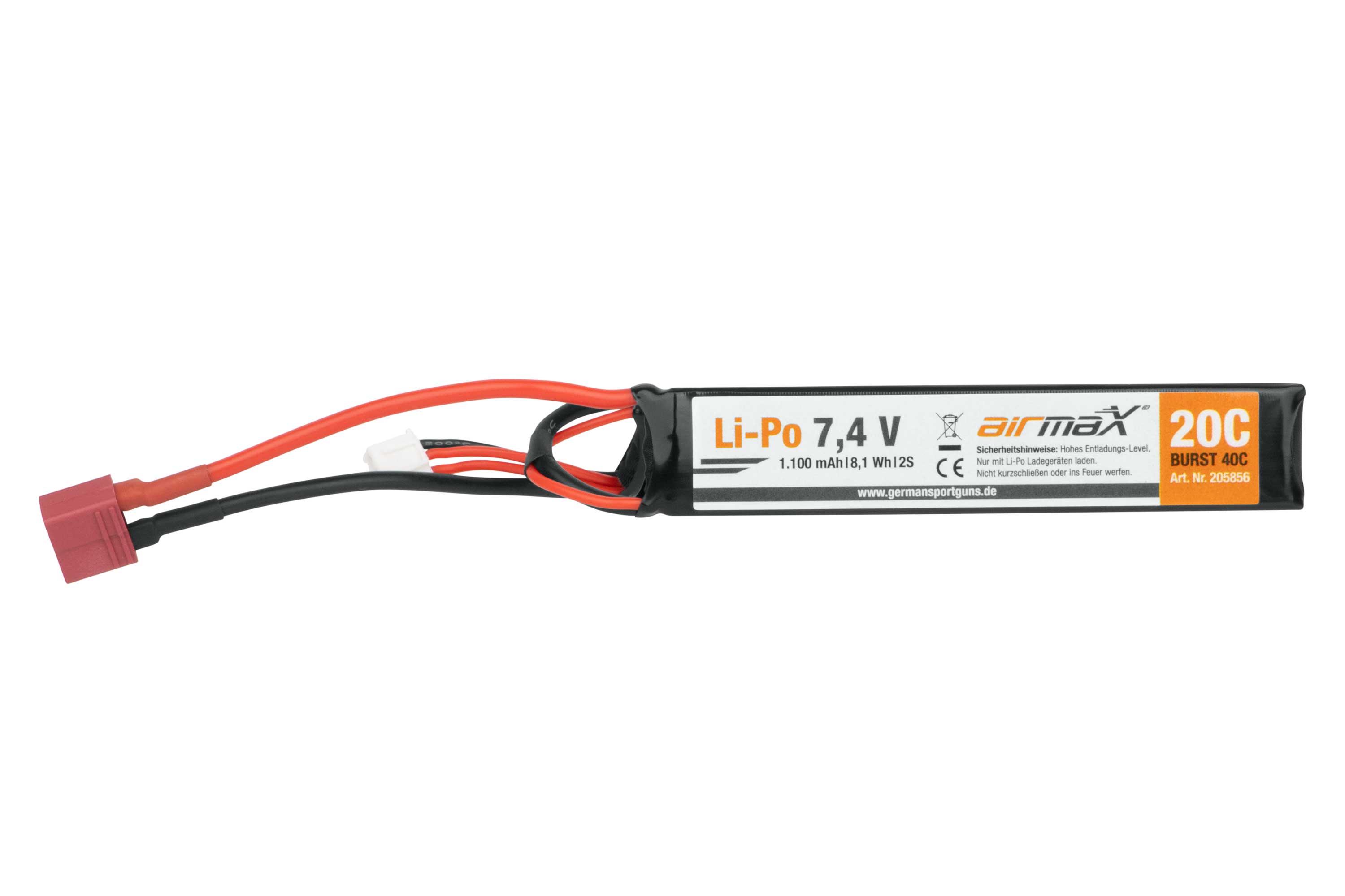 Airmax 7,4 V 1100 mAh 20 C Li-Po-Akku für Airsoft-Waffen mit T-Stecker-Anschluss, schwarzem Gehäuse und Sicherheitsinformationen.