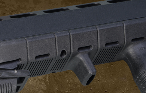 Schwarzer Polymerhandschutz für ein Luftgewehr mit integrierten M-LOK-Schlitzen und einer strukturierten, abgewinkelten Vordergriffbefestigung.