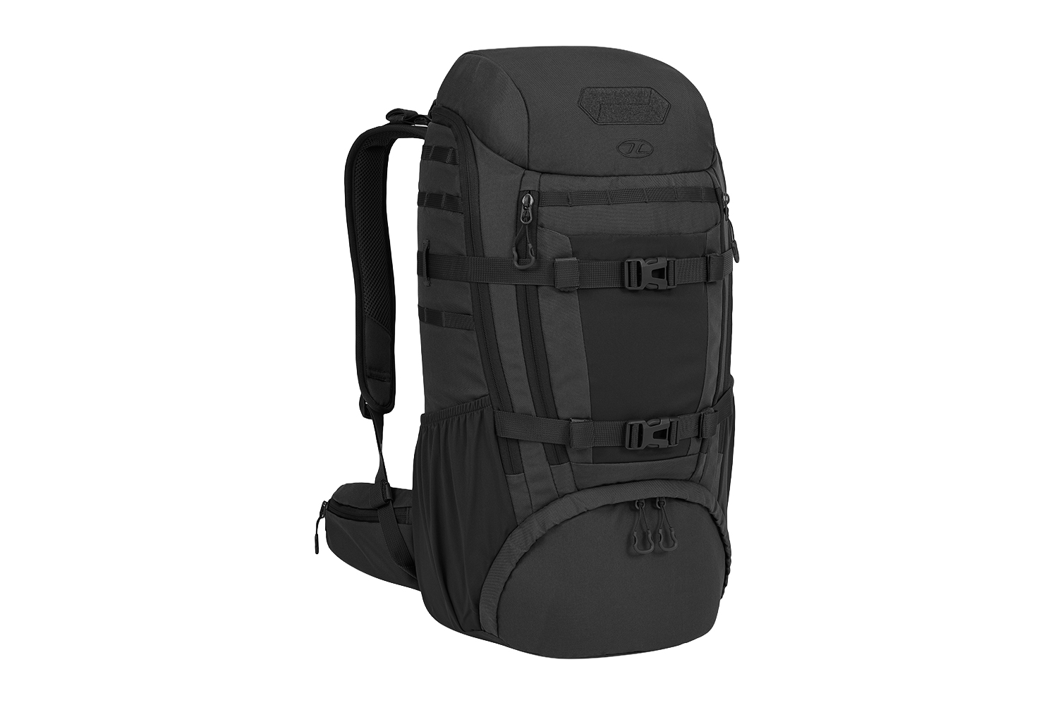 Schwarzer taktischer Rucksack mit MOLLE-Gurtband, verstellbaren Trägern und mehreren Fächern für Outdoor-Ausrüstung und Ausrüstung.