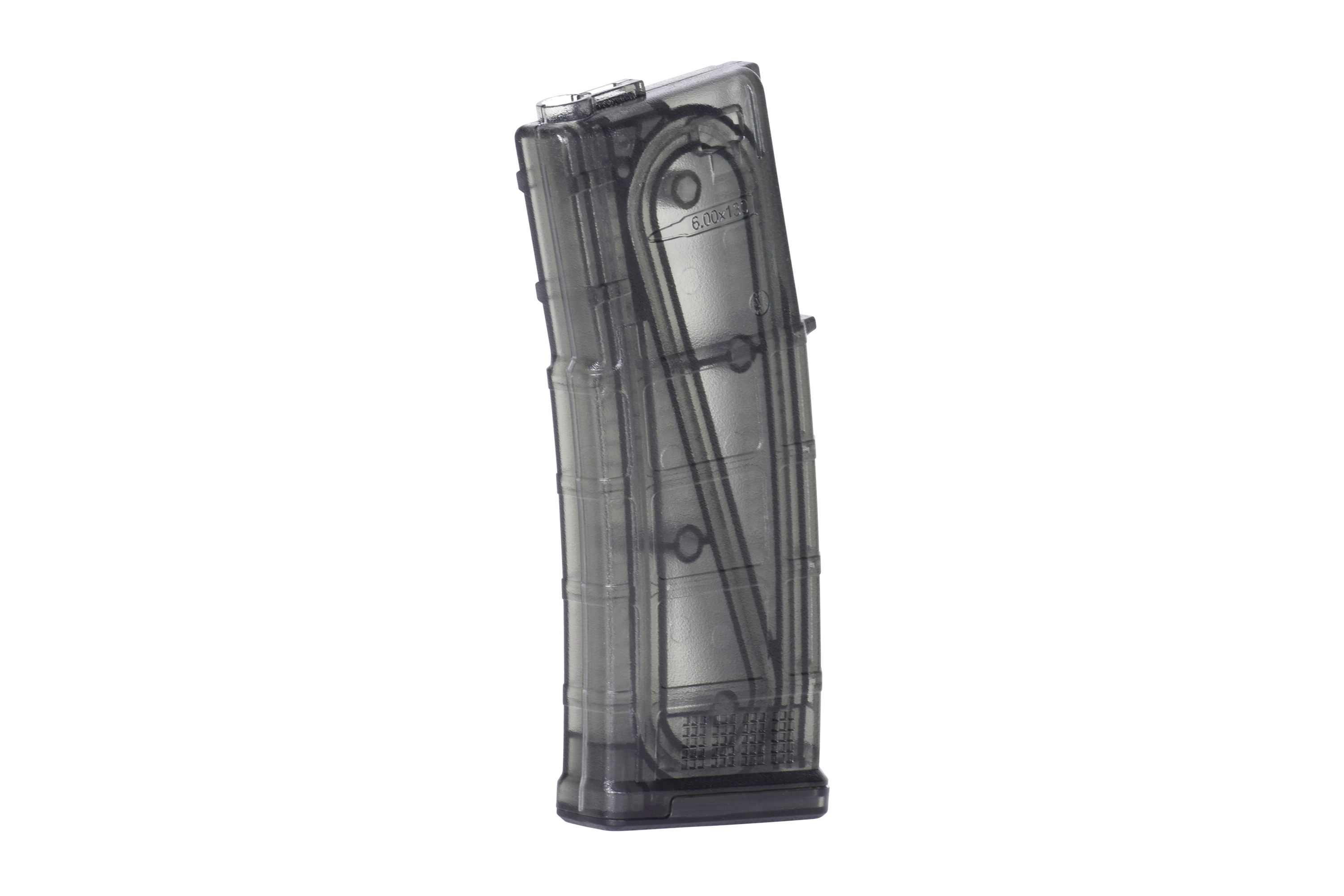 Ein durchscheinendes graues Polymer-Airsoft-Magazin für 6-mm-BBs mit gebogenem Design und sichtbarem internem Federsystem.