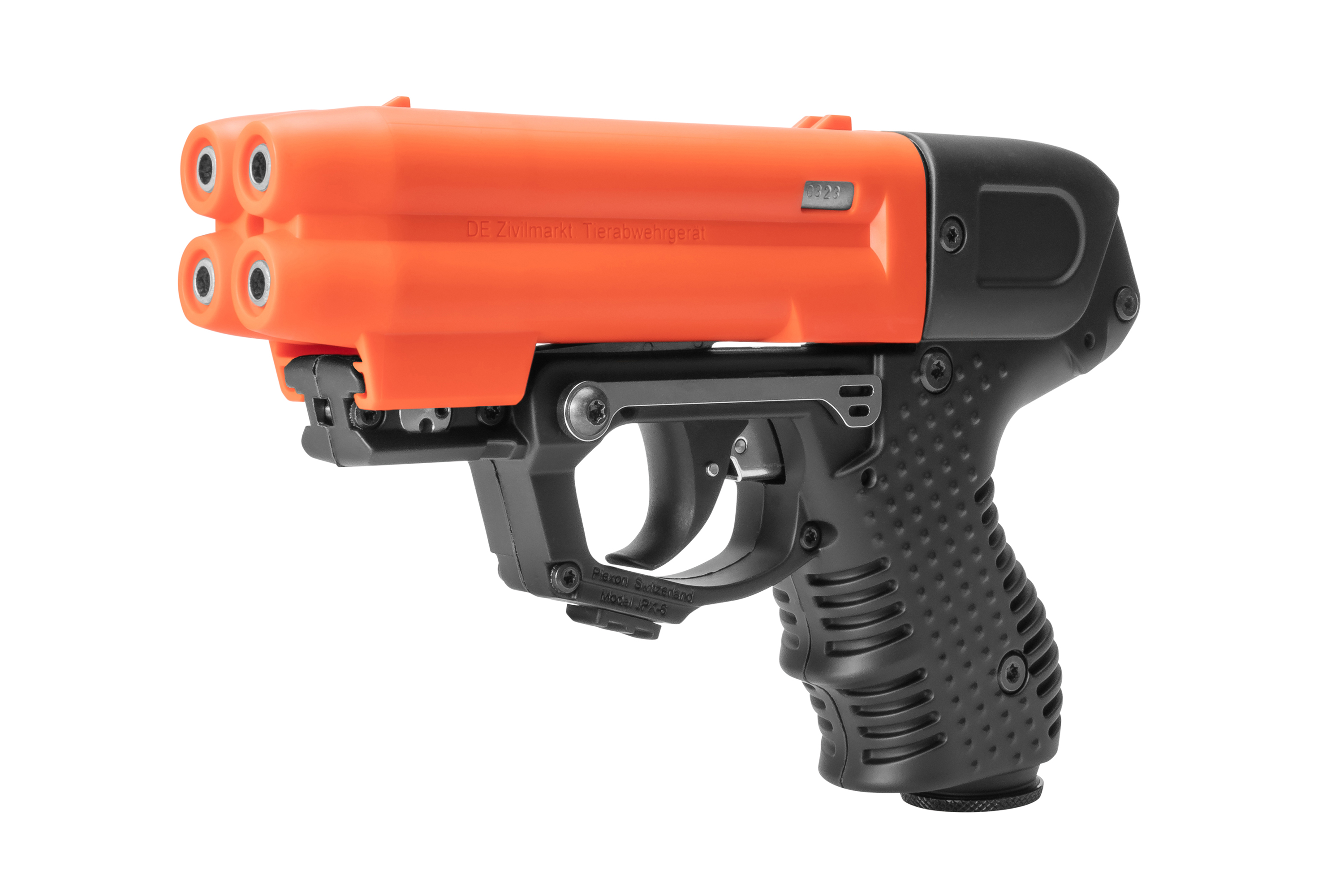 Piexon JPX-6 Jet Protector Pfeffersprühpistole mit leuchtend orangefarbener Vierzylindereinheit und ergonomischem schwarzem Strukturgriff.