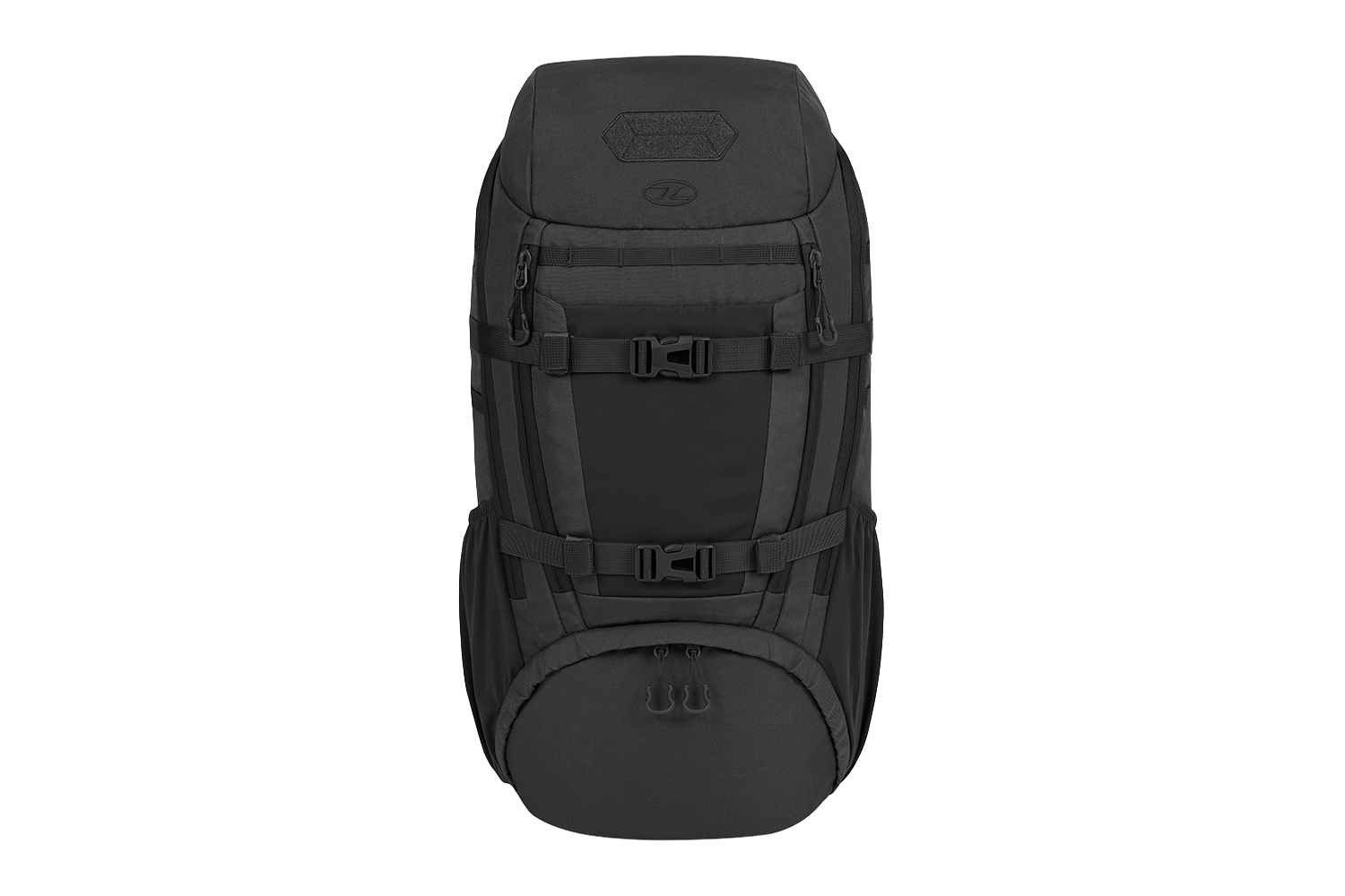 Vorderansicht eines schwarzen taktischen Rucksacks mit verstellbaren Trägern, Schnallen und mehreren Reißverschlussfächern für Ausrüstung.