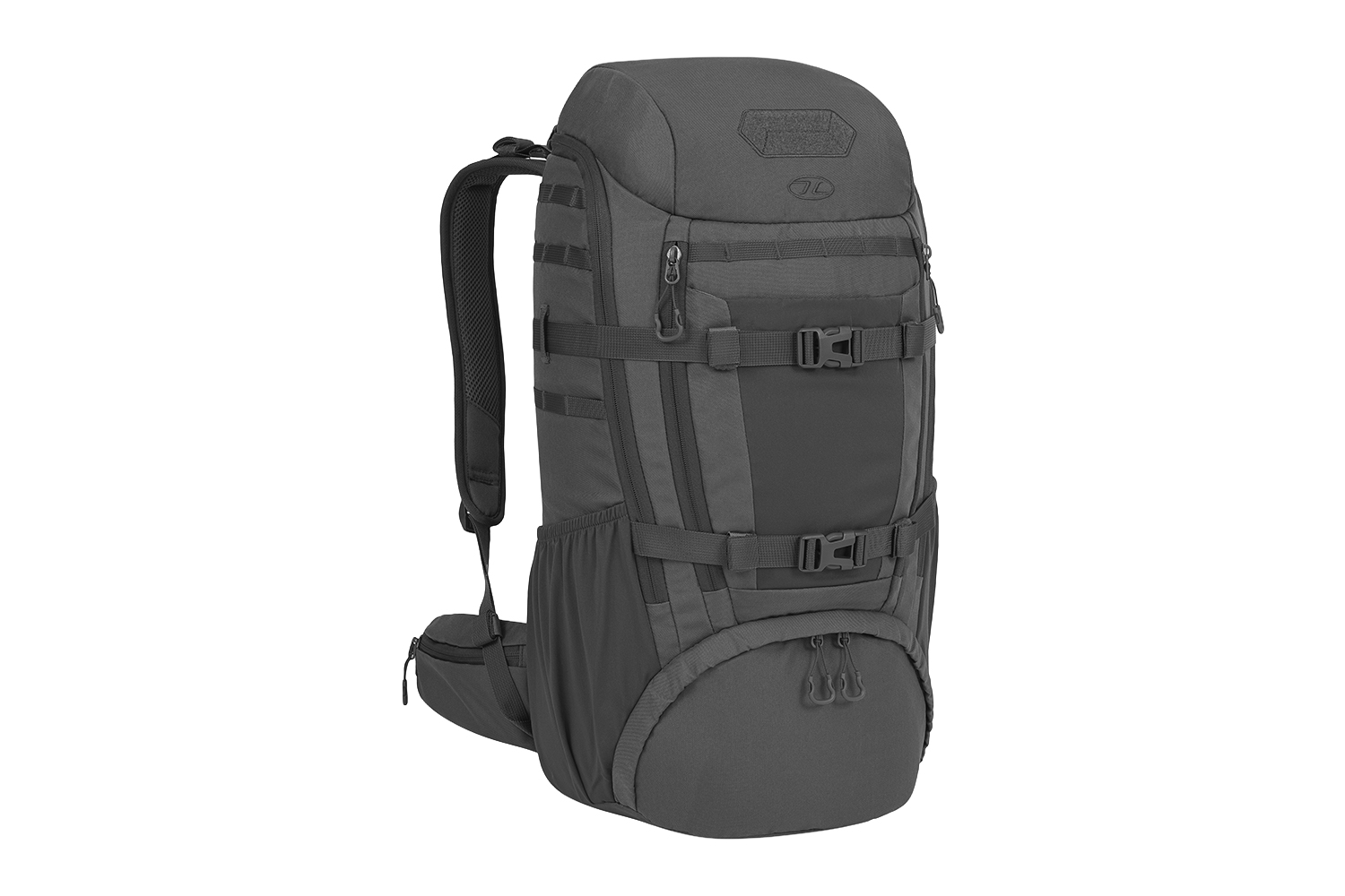 Taktischer grauer Rucksack mit MOLLE-Gurtband, verstellbaren Trägern und Schnallenverschlüssen zur Aufbewahrung von Outdoor-Ausrüstung und Ausrüstung.