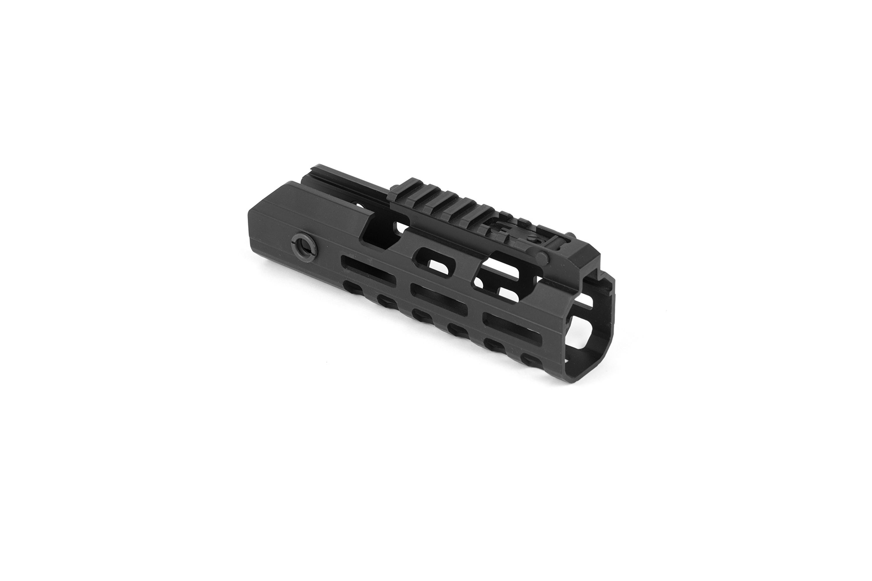 Handschutz aus schwarzem Metall für Luftgewehre mit modularem M-LOK-Design und integrierter Picatinny-Zubehörschiene oben.