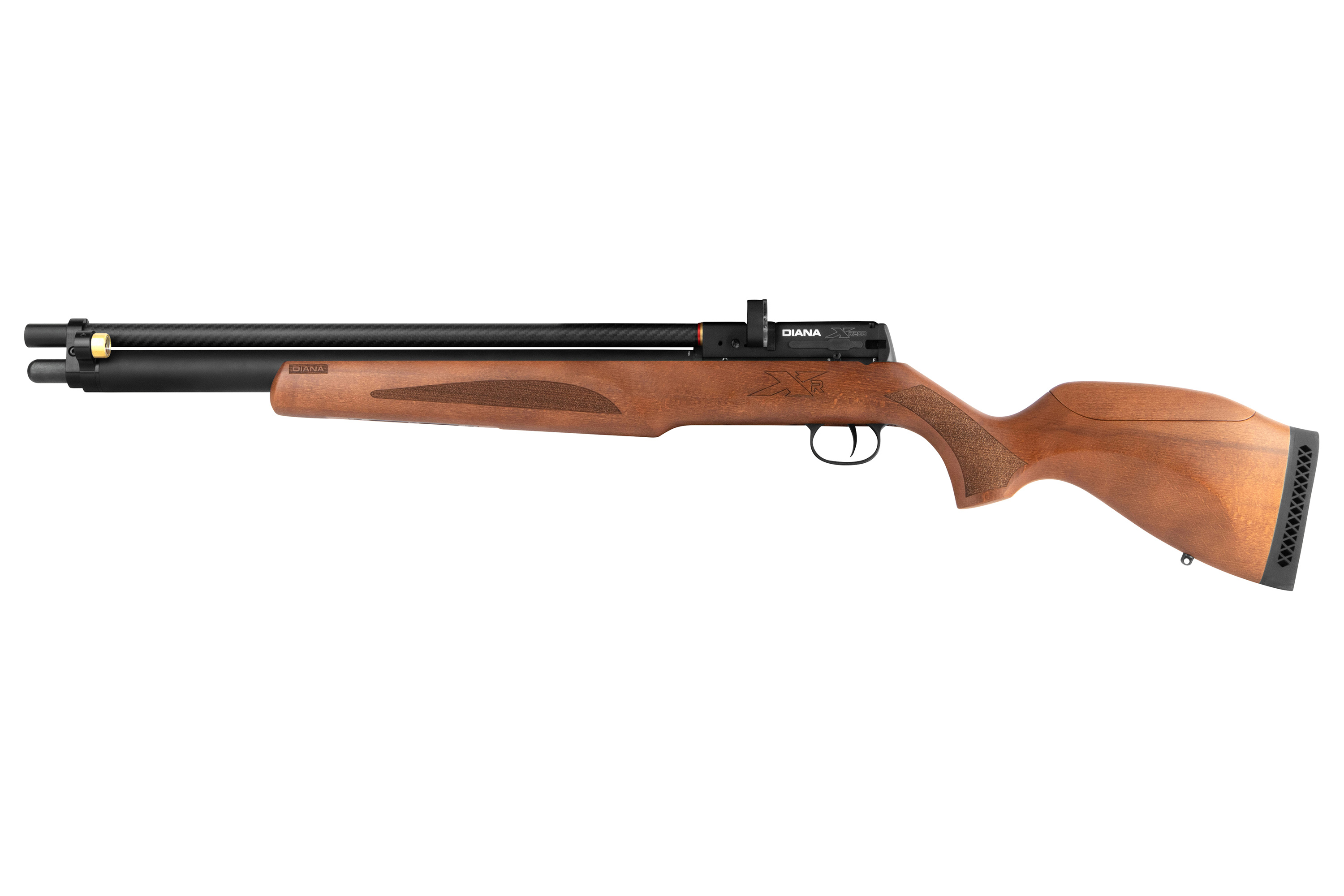 Diana XR200 PCP-Luftgewehr mit Holzschaft, schwarzer Kohlefaser-Laufabdeckung und schwarzer Metallhülse auf Weiß.