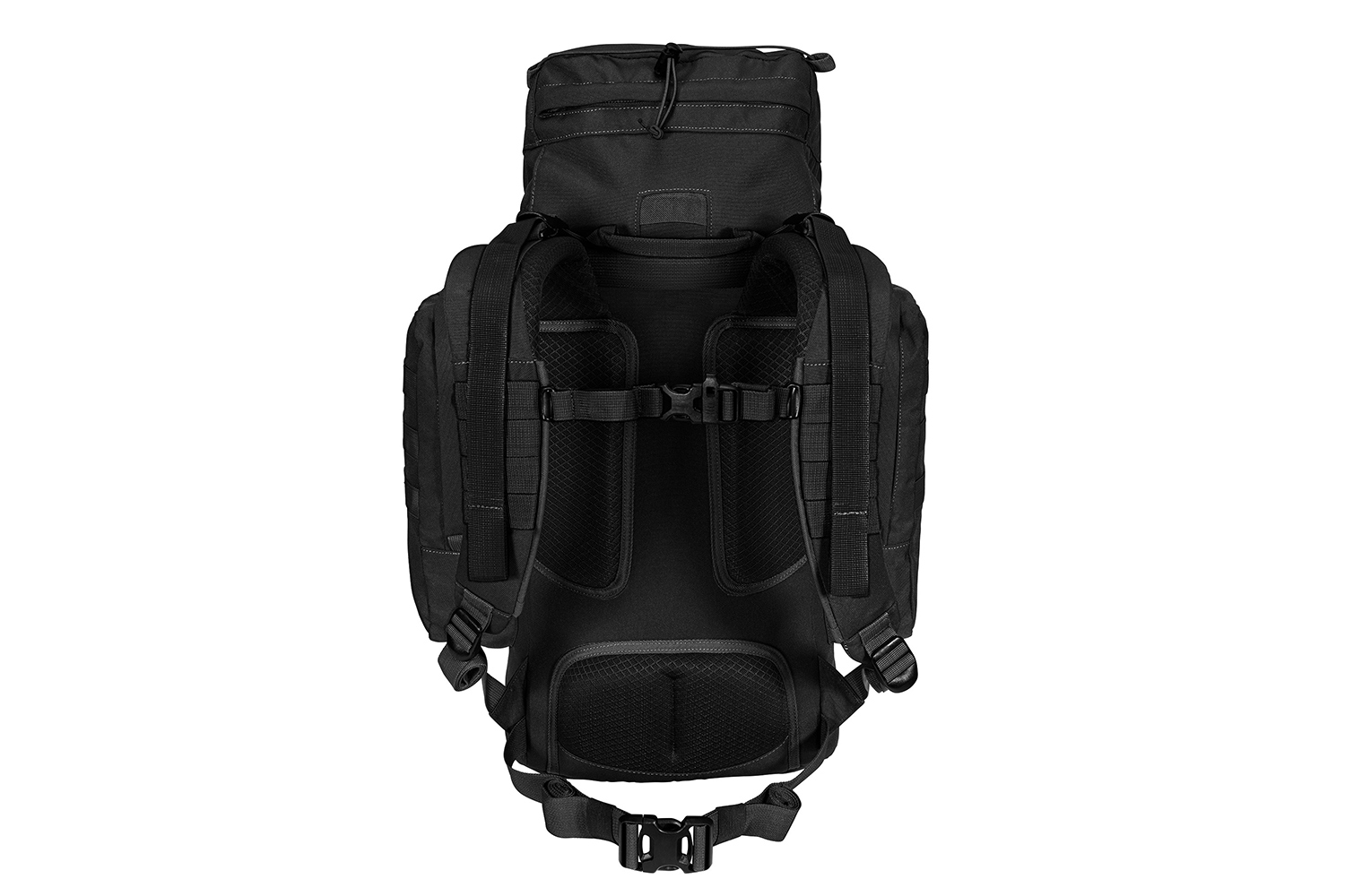 Rückansicht eines schwarzen taktischen Rucksacks mit verstellbaren, gepolsterten Schultergurten, Brustschnalle und Netzrückwand.