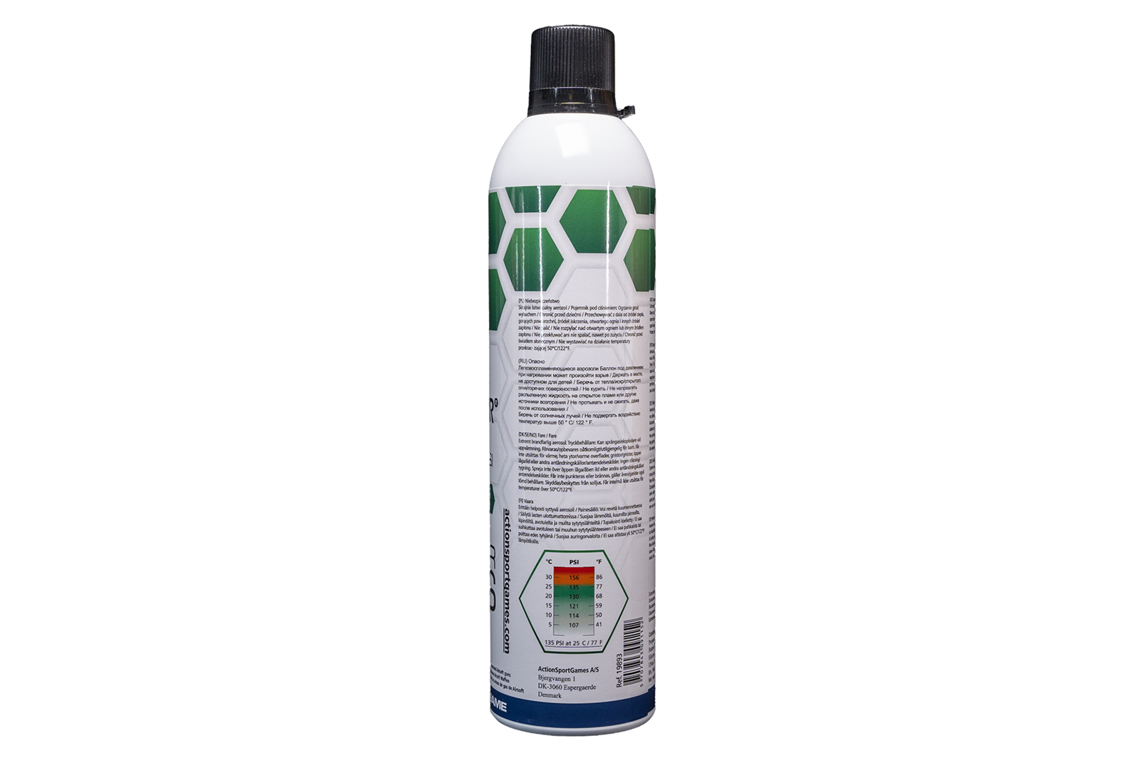 Eine weiße Aerosoldose mit ActionSportGames-Airsoft-Gas mit grünen Wabenmustern, Sicherheitswarnungen und einer Drucktabelle.