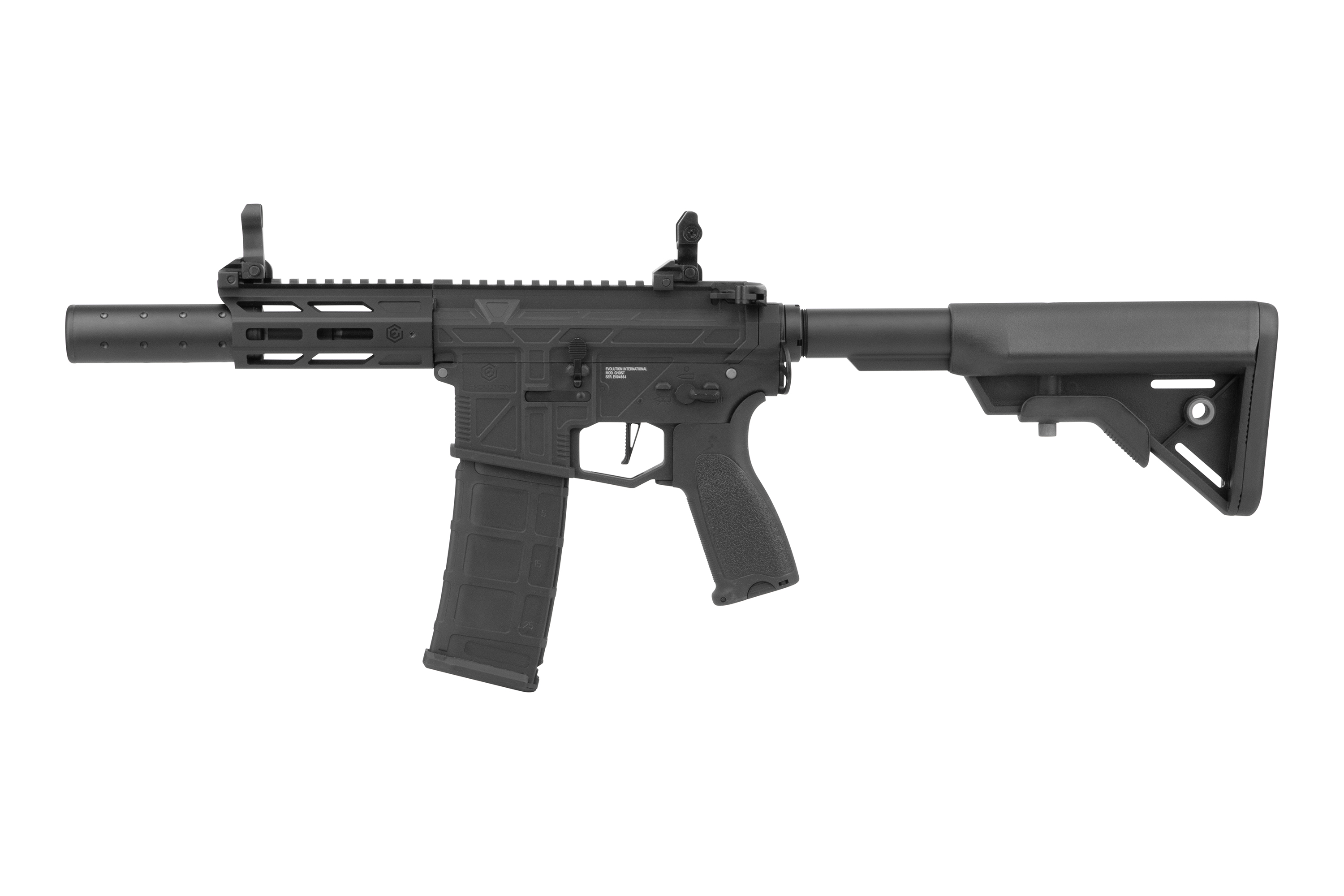 Black Evolution International Airsoft-Gewehr mit verstellbarem Schaft, Polymer-Empfänger und Schienensystem auf weißem Hintergrund.