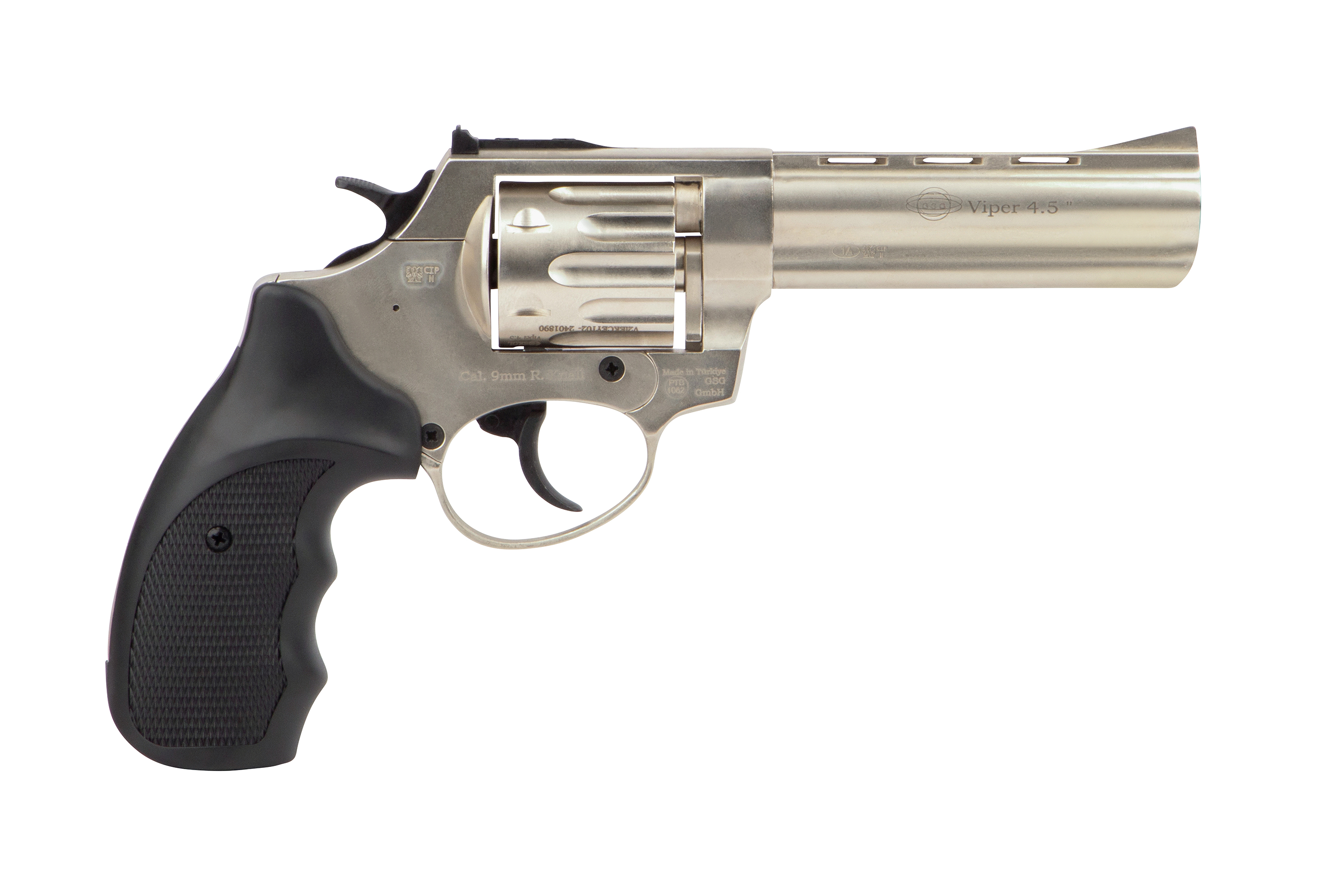 Silberner Viper 4,5-Zoll-Revolver mit schwarzem strukturiertem Griff, isoliert vor einem schlichten weißen Hintergrund zur Präsentation.