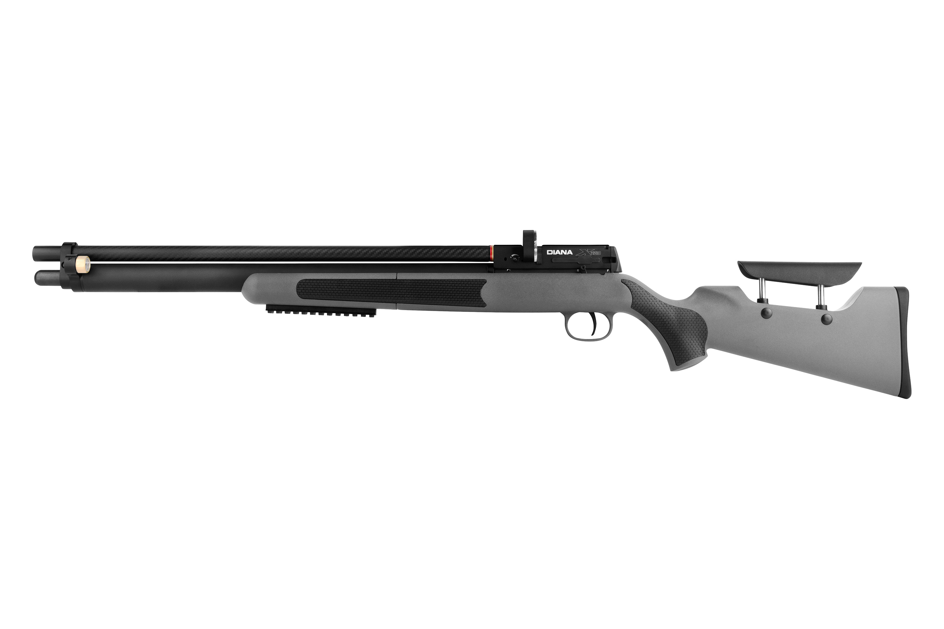 Diana Stormrider PCP-Luftgewehr in Grau mit schwarzem Lauf, Kunststoffschaft und verstellbarer Backe in Weiß.