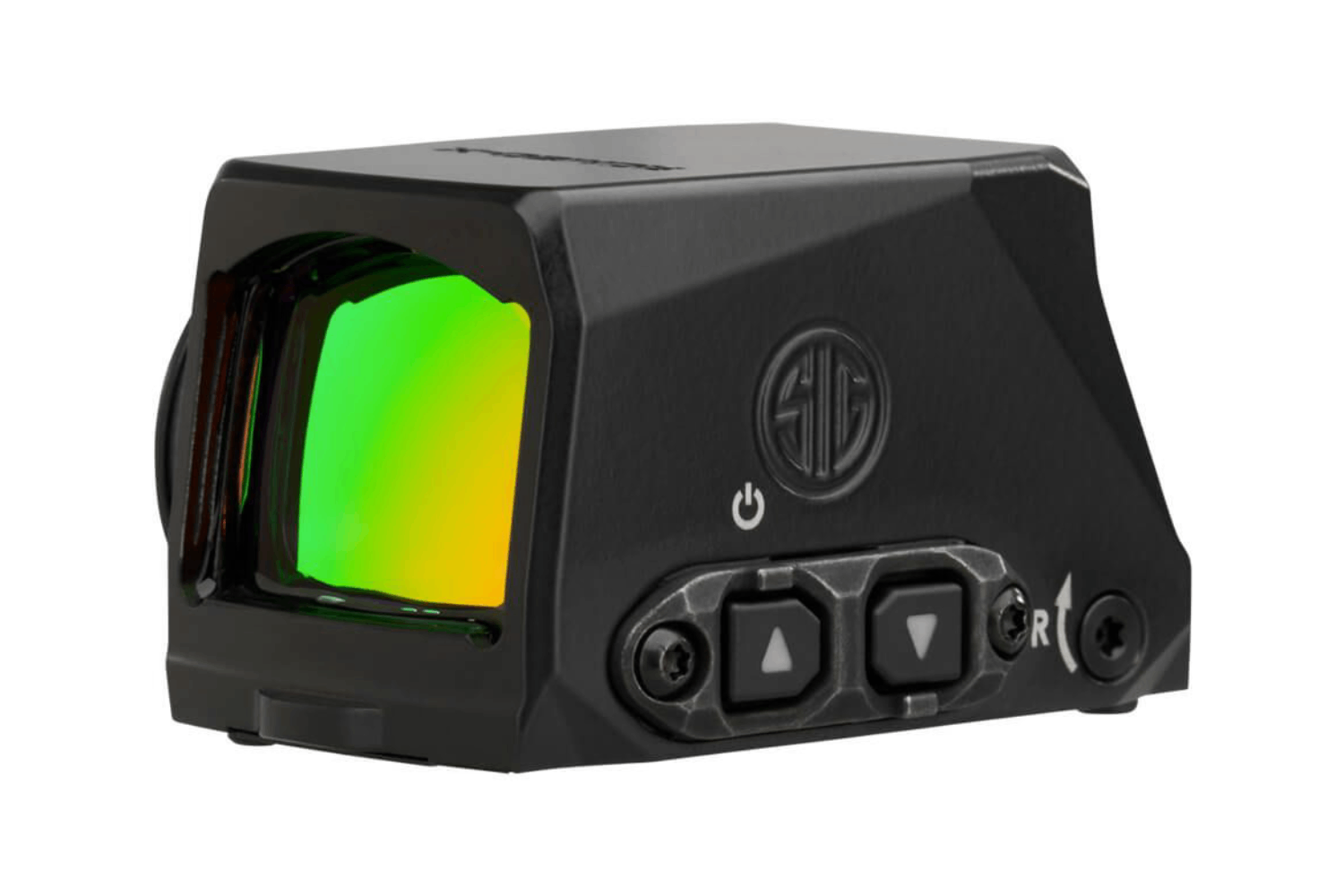SIG Sauer Reflexvisier mit grüner Linse, Bedienknöpfen und elegantem schwarzem Design für Schusswaffen.