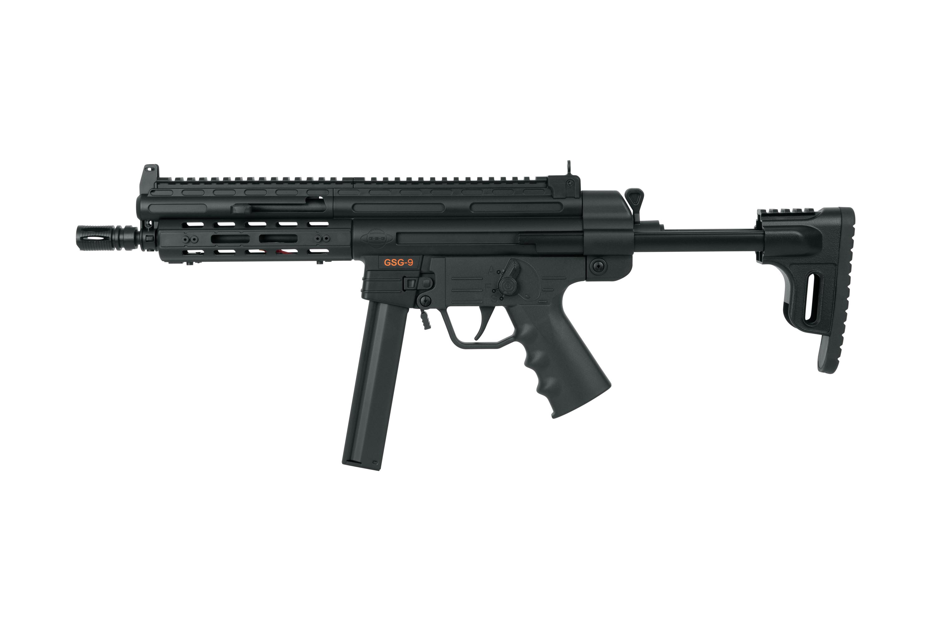 GSG-9 Luftgewehr in Schwarz mit verstellbarem Schaft und taktischer Schiene für Zubehör.