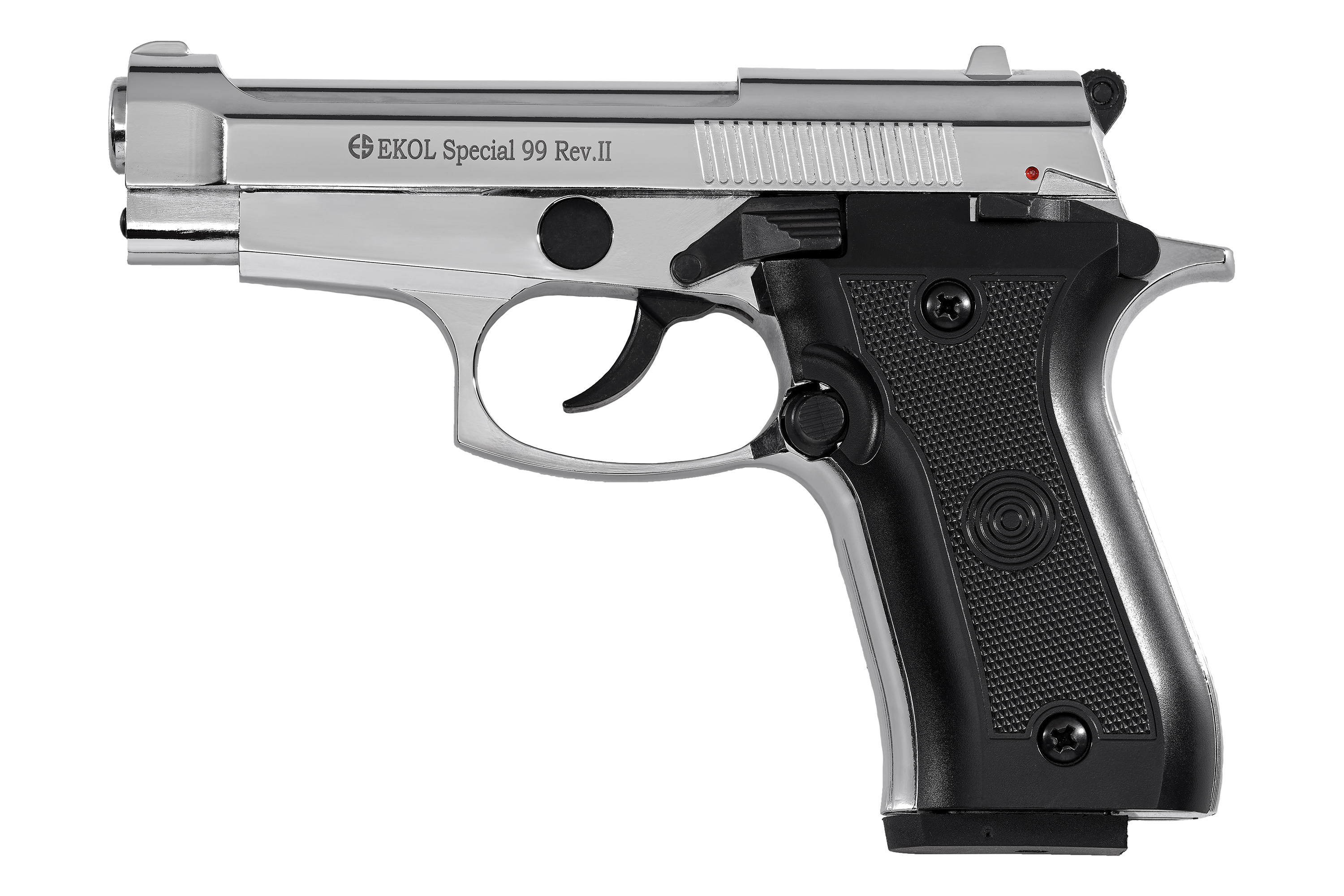 EKOL Special 99 Rev.II Schreckschusspistole in Chromoptik mit schwarzen strukturierten Griffen, isoliert auf weißem Hintergrund.
