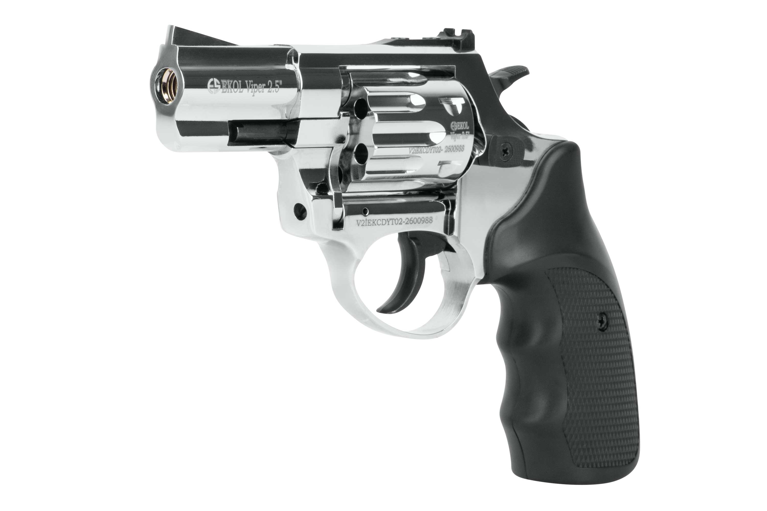 Verchromter EKOL Viper 2,5-Zoll-Revolver mit leerem Schuss und schwarzem strukturiertem Griff, isoliert auf einem schlichten weißen Hintergrund.