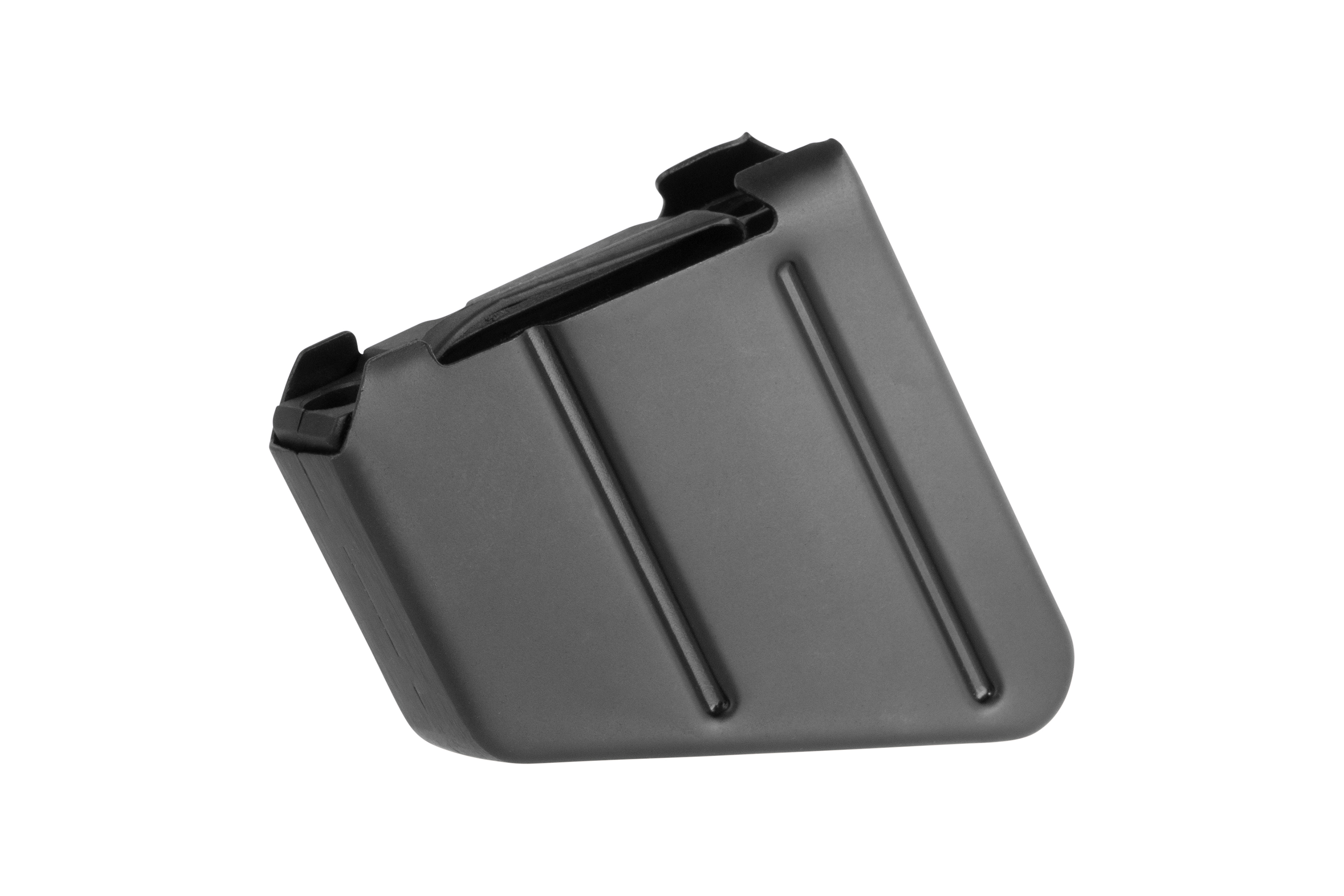 Ein schwarzes, abgewinkeltes Polymermagazin für ein Luftgewehr mit strukturierter Oberfläche und langlebigem, kompaktem Design.