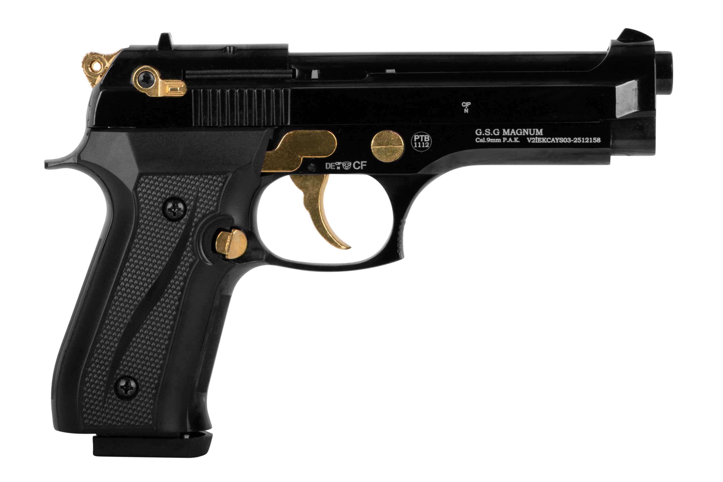 G.S.G Magnum Luftpistole in Schwarz mit goldenen Akzenten, mit strukturiertem Griff und Abzug.