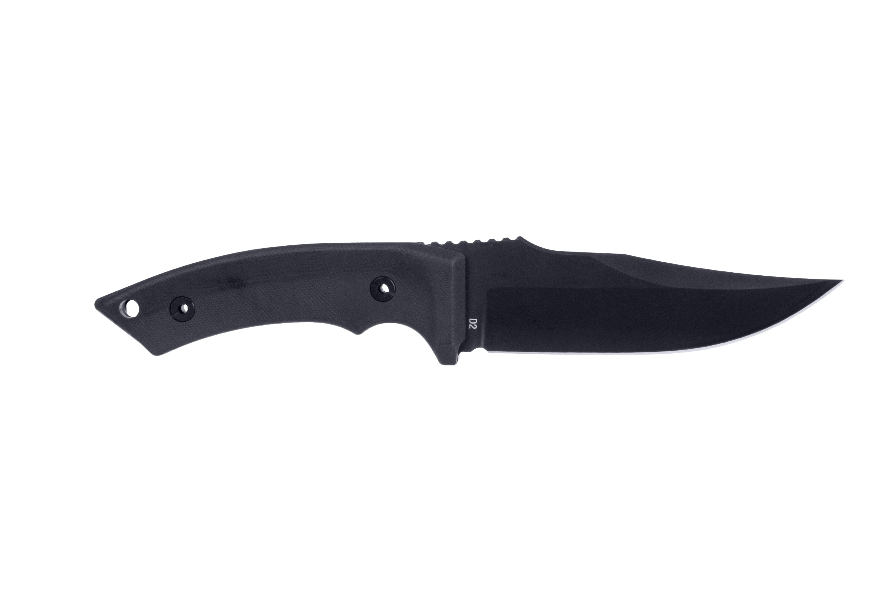 Schwarzes Outdoormesser mit feststehender Klinge aus D2-Stahl, ergonomischem Griff und taktischem Design für den Jagd- und Survival-Einsatz.