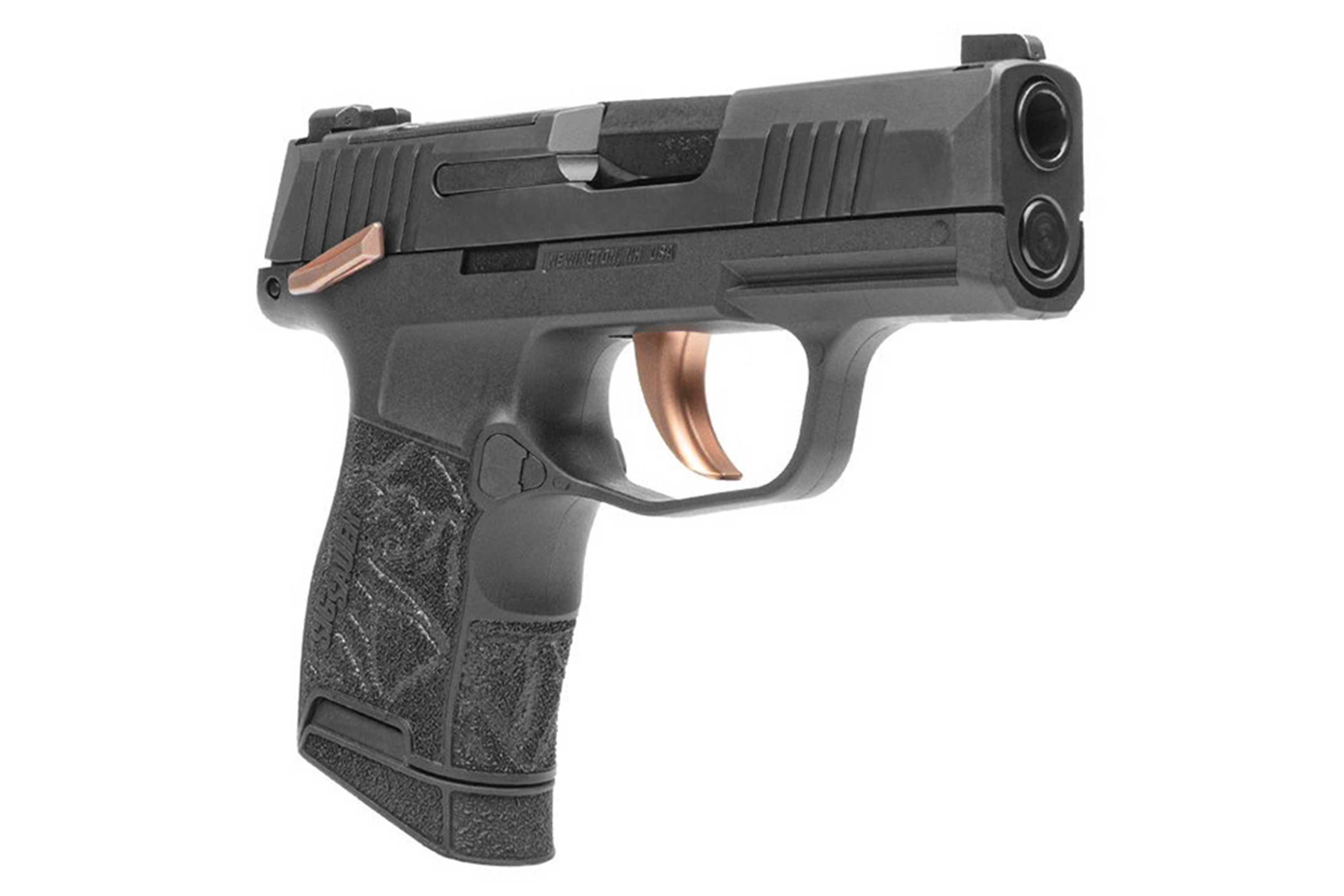 Schwarze Luftpistole mit strukturiertem Griff und Kupferabzug, ideal für Schießbegeisterte.
