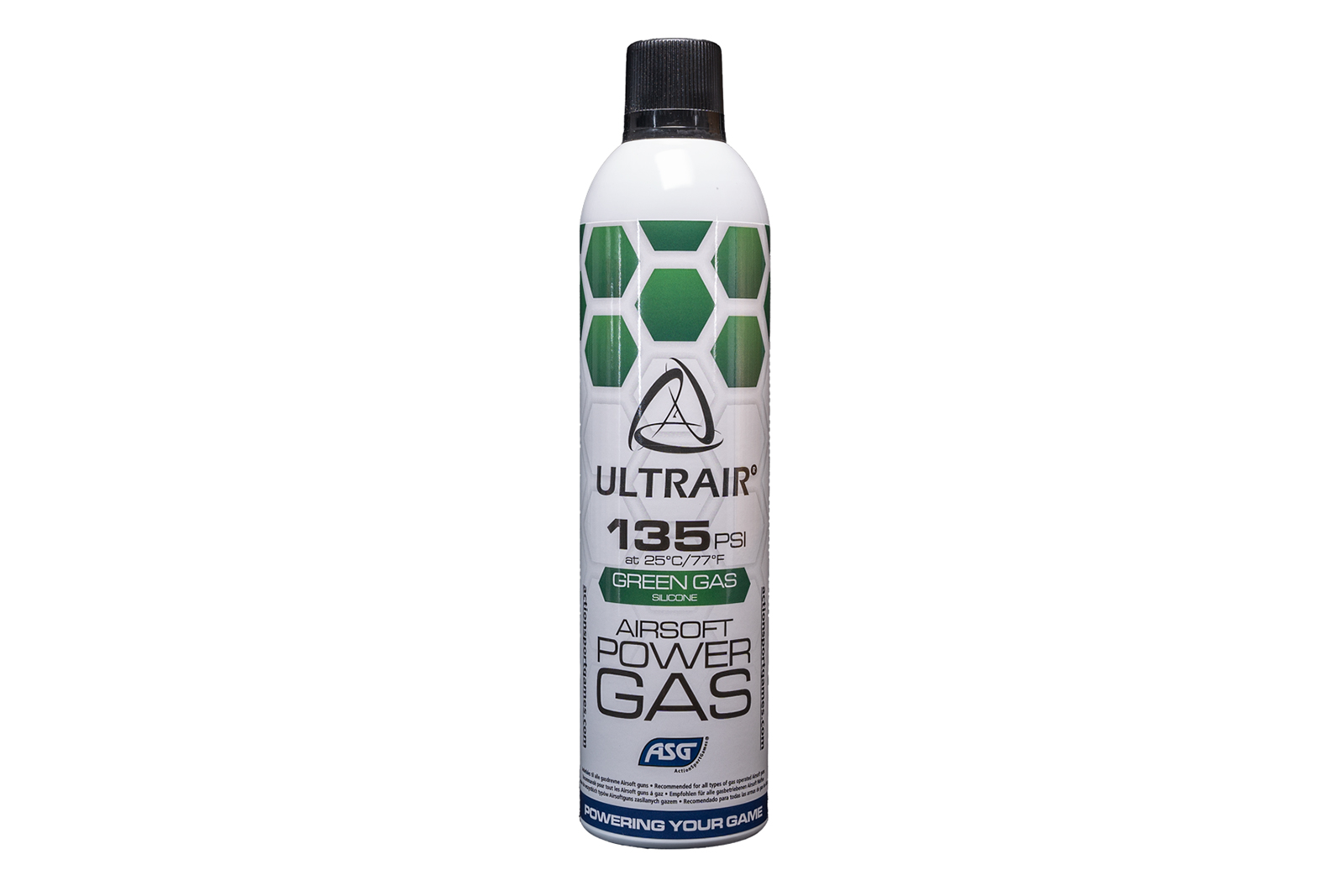 Ein weißer Kanister mit ASG Ultrair 135 PSI Green Gas mit Silikon, mit grünem Wabenmuster und schwarzem Deckel.