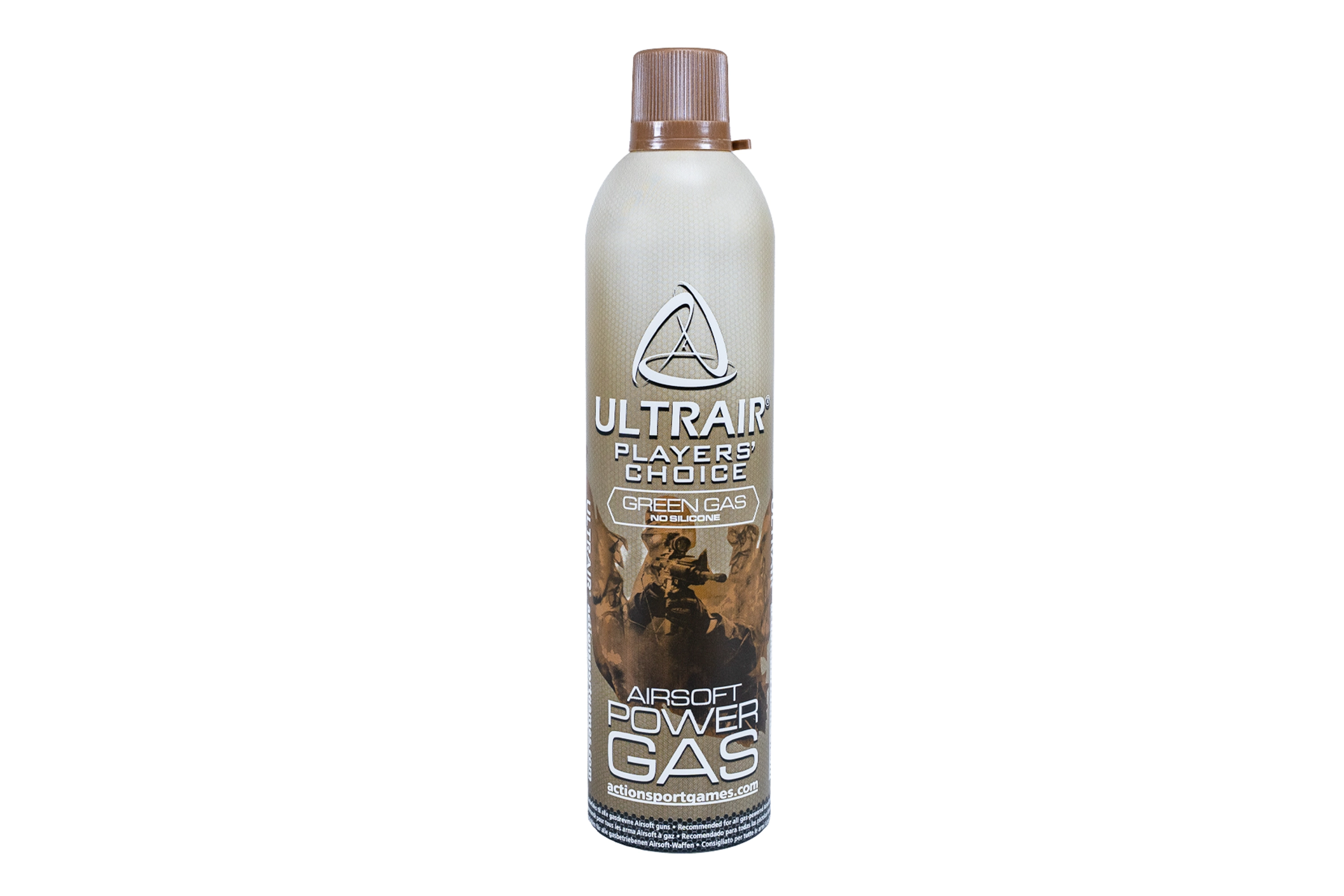 Eine Flasche Ultrair Players' Choice Green Gas für Airsoft-Waffen, mit braunem Verschluss und taktischem Grafikdesign.