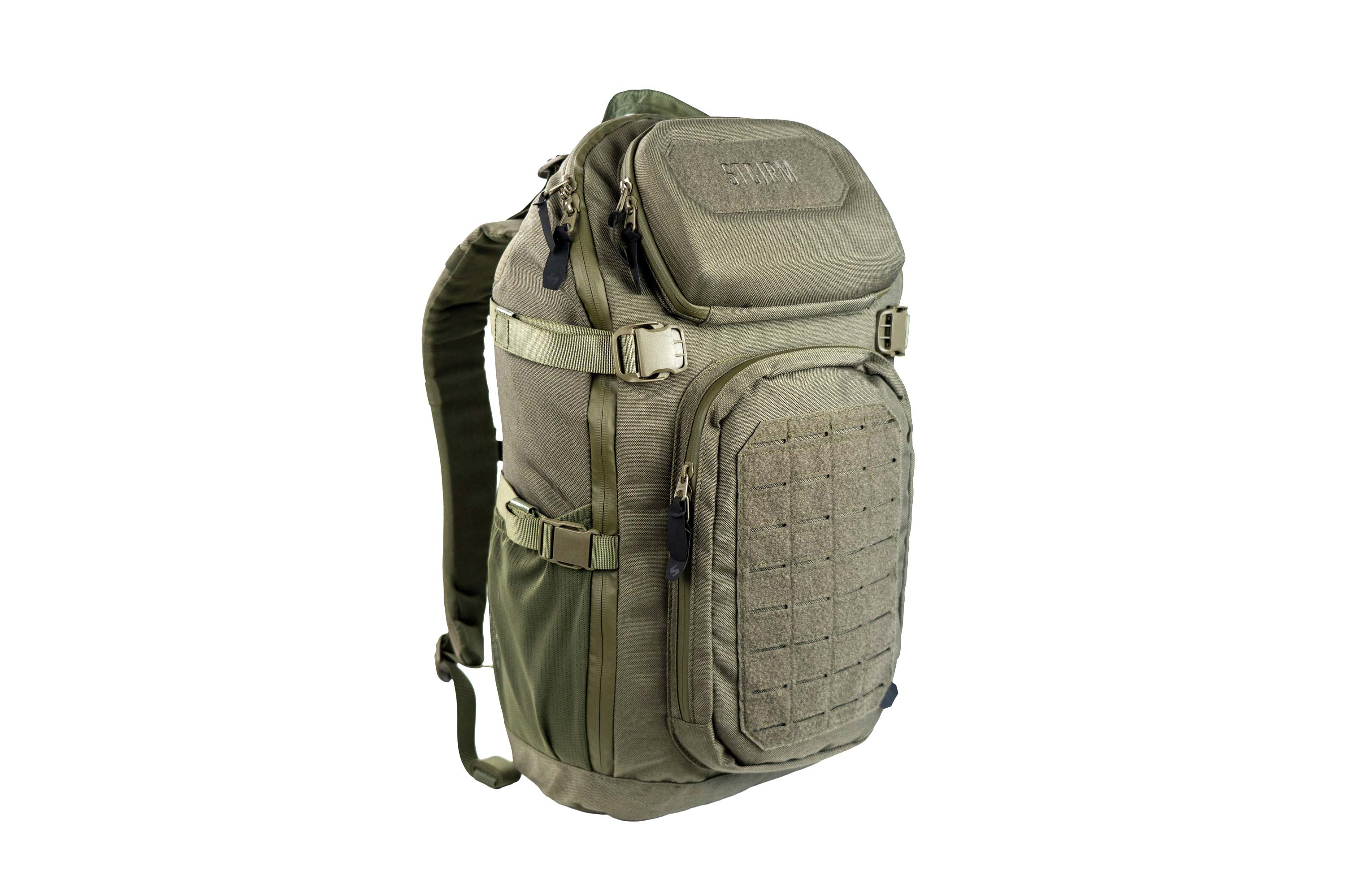 Olivgrüner taktischer Rucksack mit MOLLE-Gurtband, mehreren Fächern und verstellbaren Trägern zur Aufbewahrung von Outdoor-Ausrüstung.