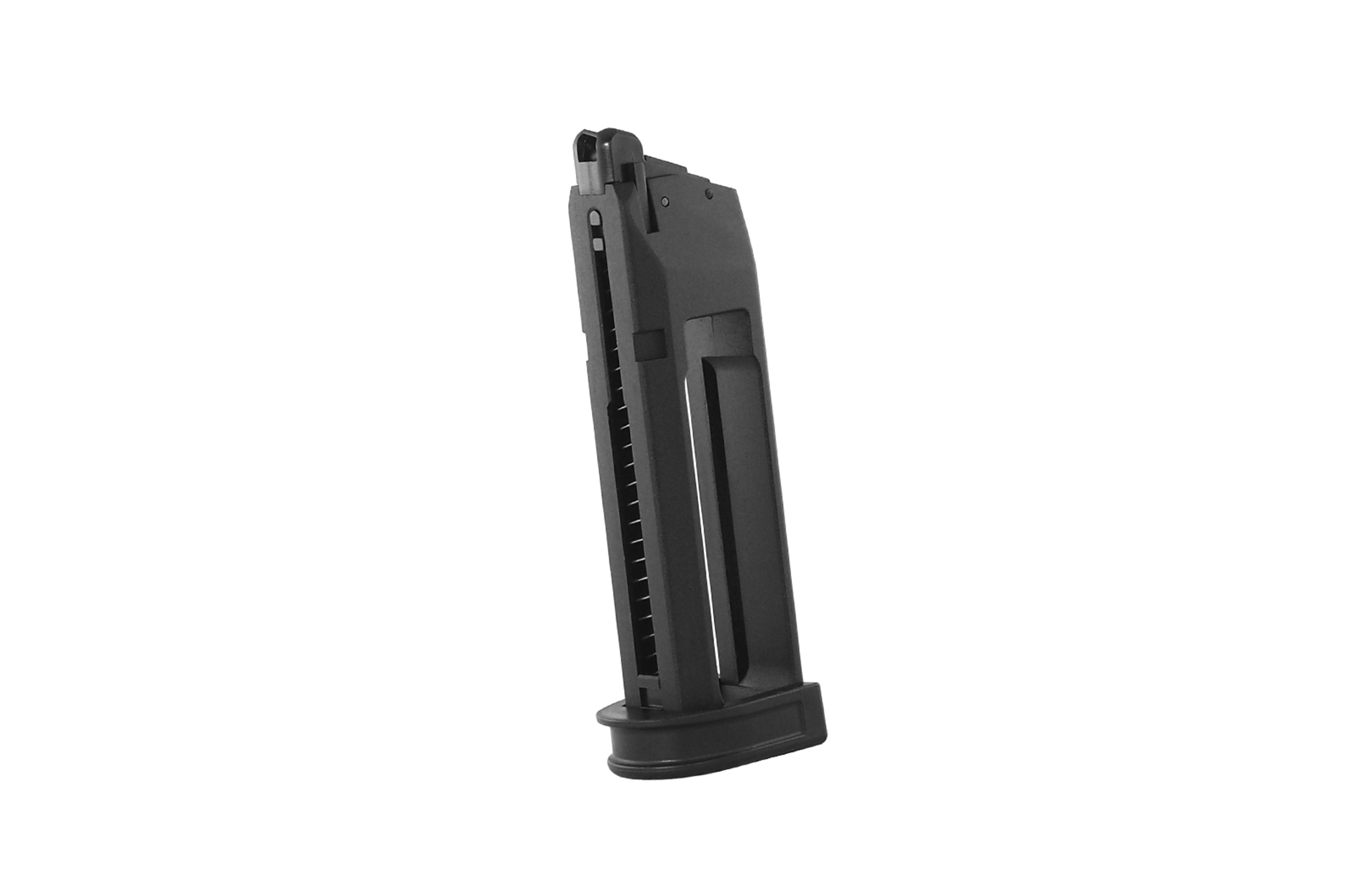 Schwarzes Luftpistolenmagazin aus Metall für CO2- oder gasbetriebene Handfeuerwaffen, isoliert auf weißem Hintergrund, Seitenansicht.