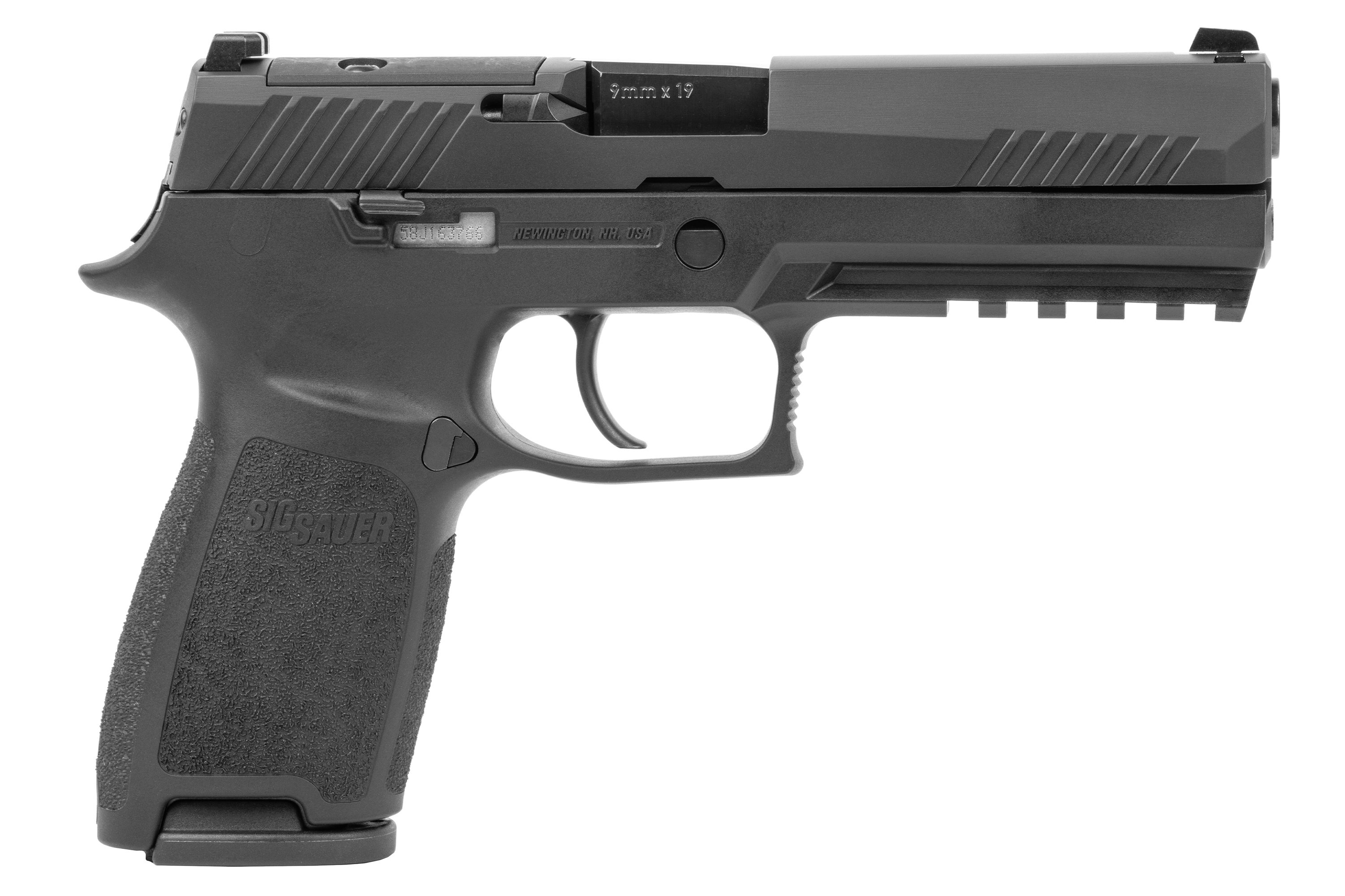 SIG Sauer P320 Luftpistole in Schwarz mit strukturiertem Griff und Zubehörschiene für verbesserte Leistung.