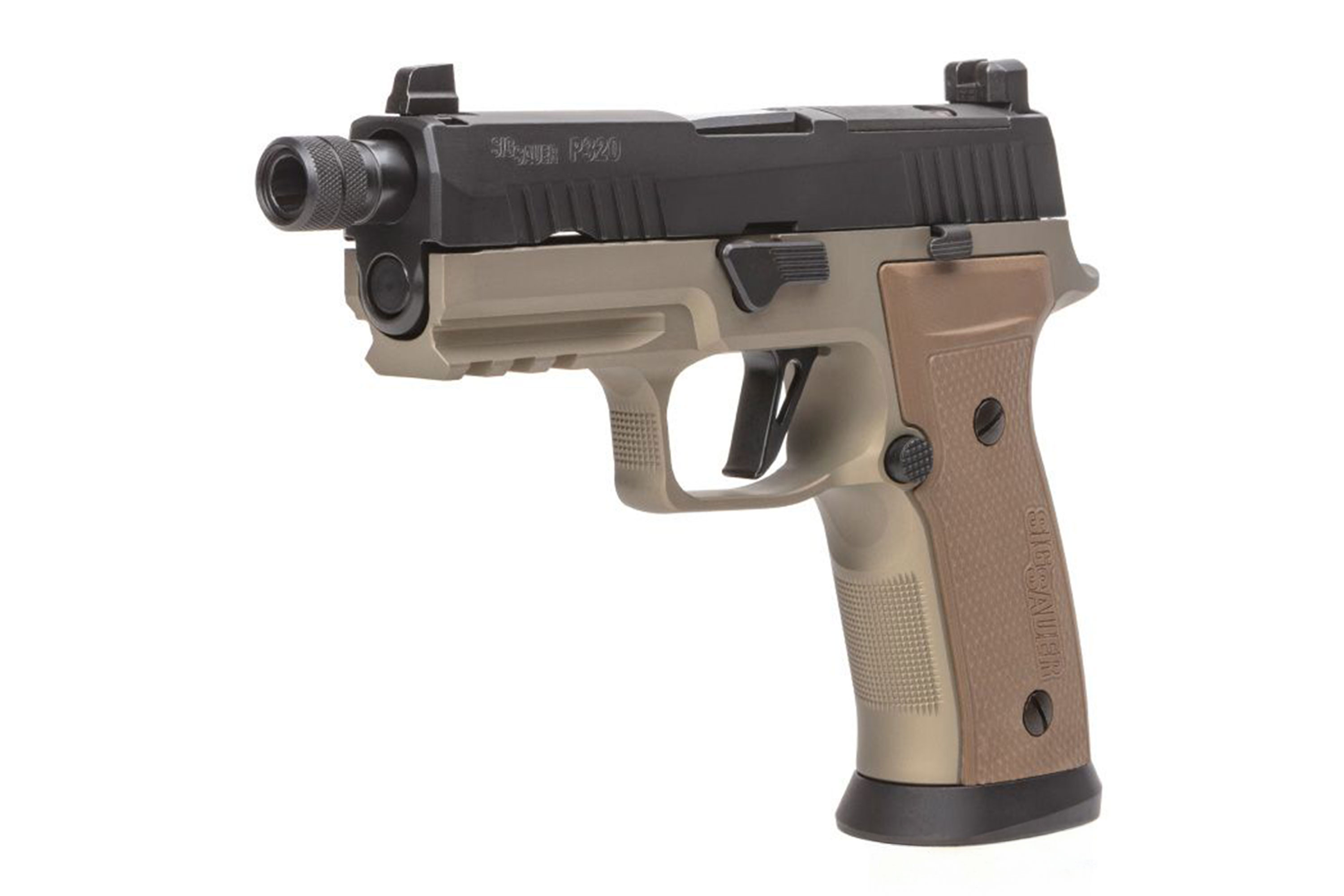 Sig Sauer P320 Luftpistole in Hellbraun und Schwarz mit taktischen Merkmalen und strukturiertem Griff.